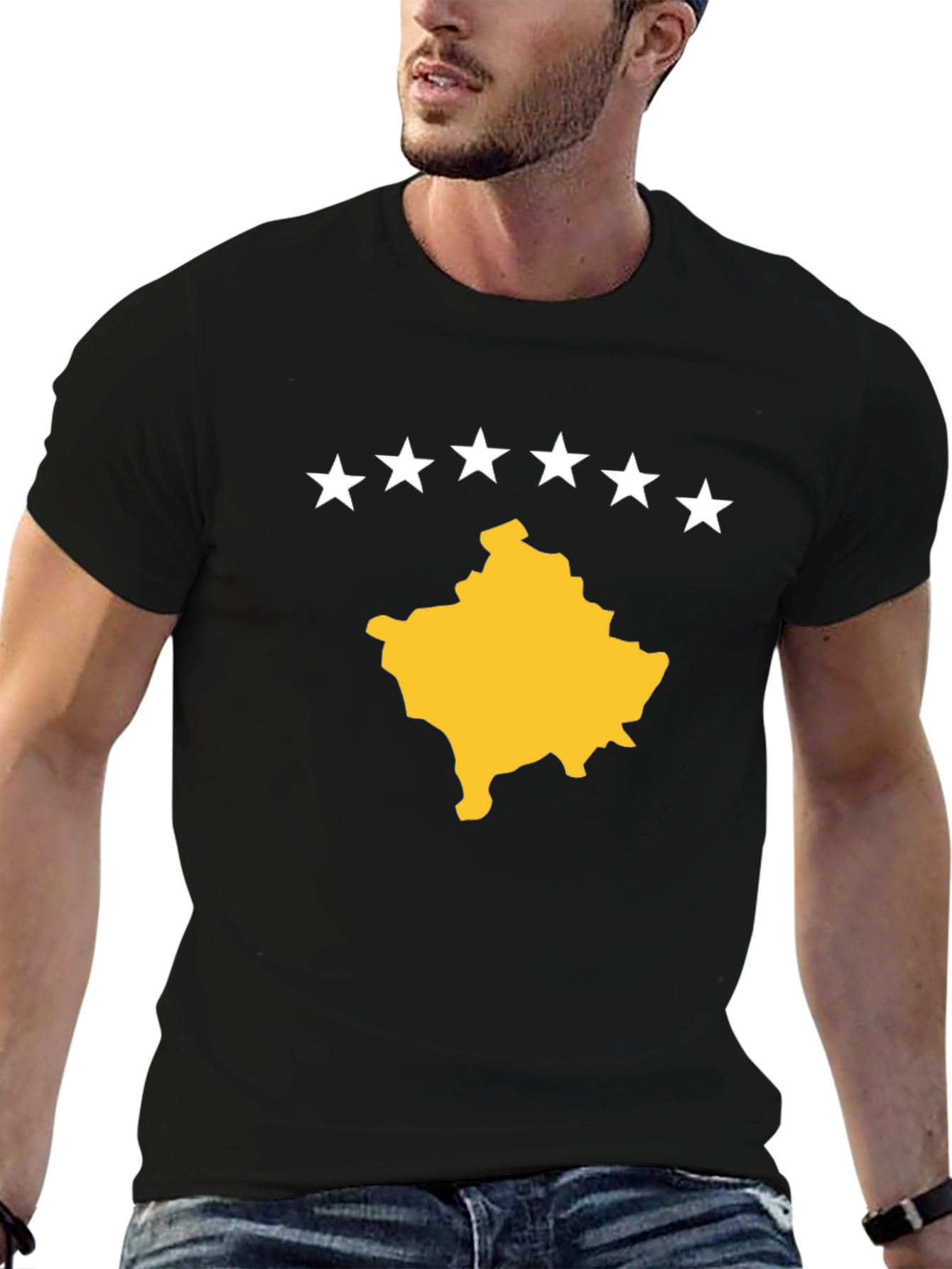 Kosovo Map T-Shirt - Black Cotton Tee with Star Design - 6
