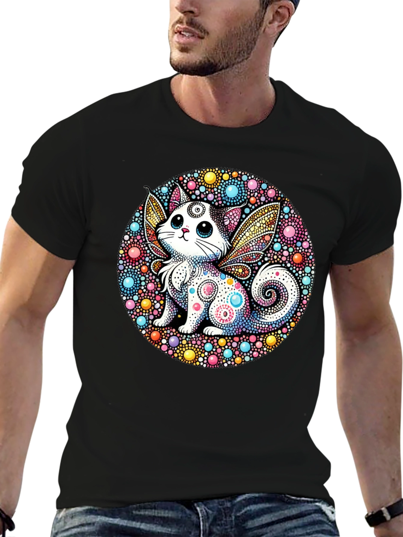 Whimsical Cat Fairy Black T-Shirt - 6