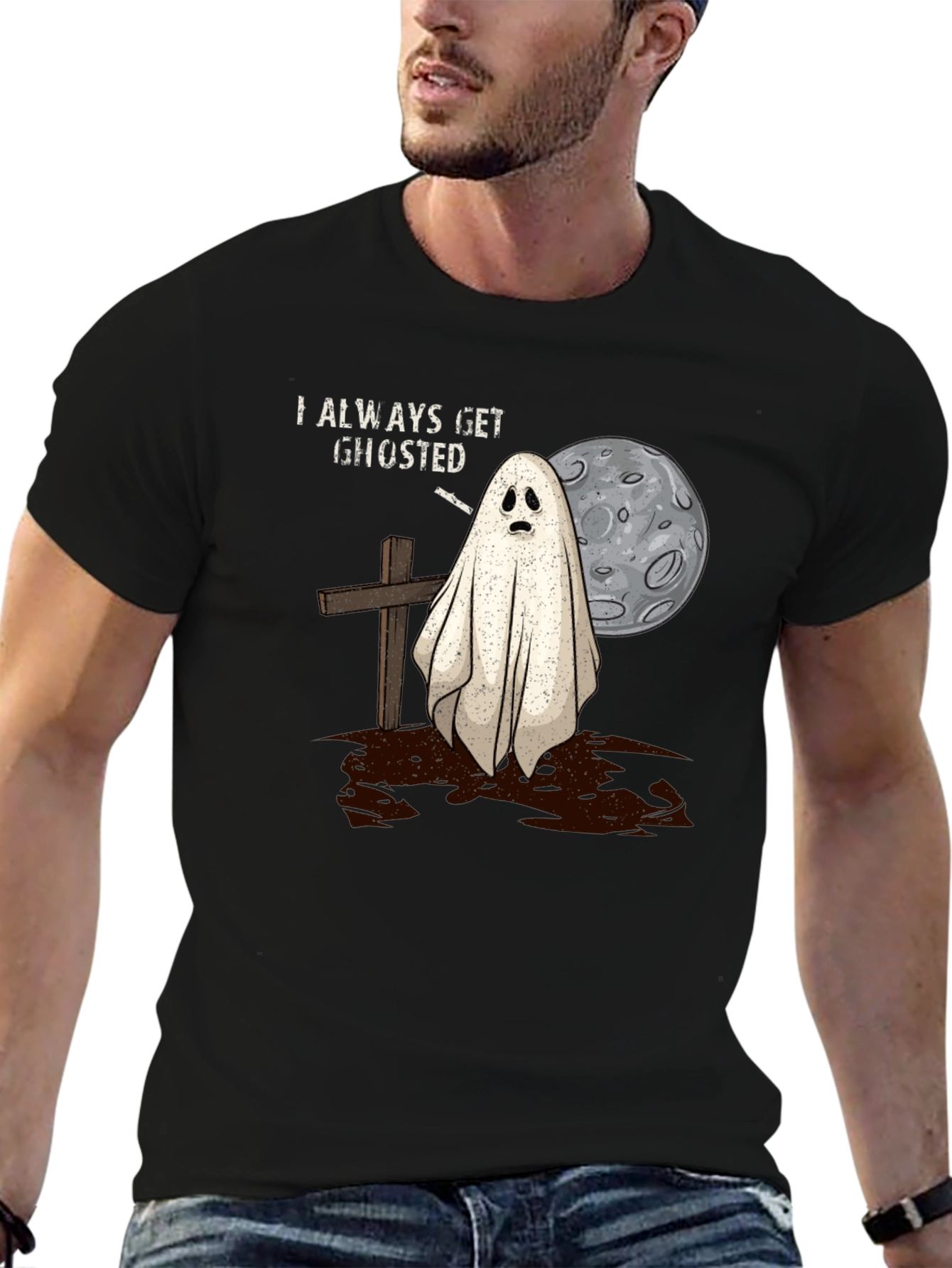 Black Always Get Ghosted Tee - Halloween Humor T-Shirt view 6