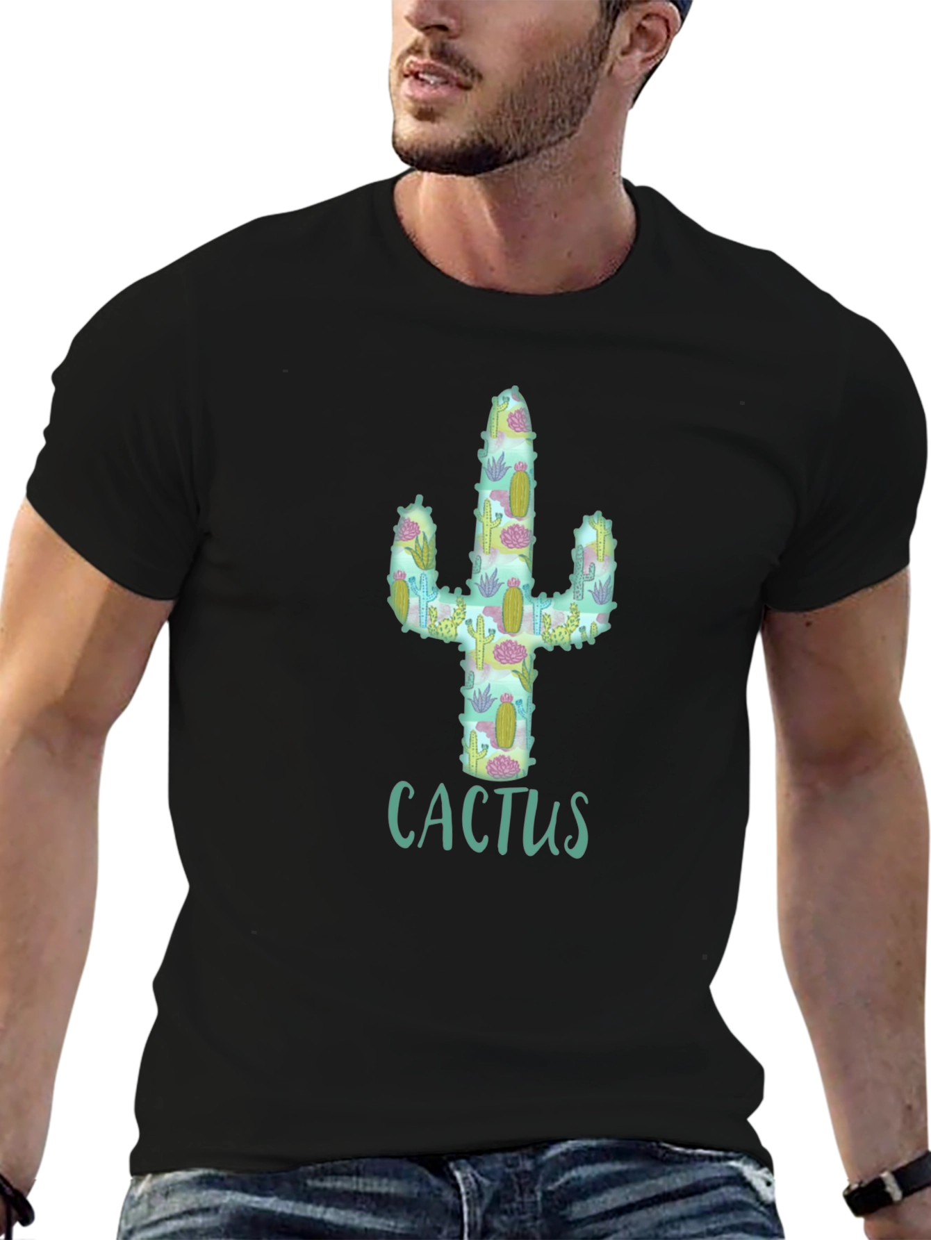 Black Cactus Pattern Graphic T-Shirt view 6