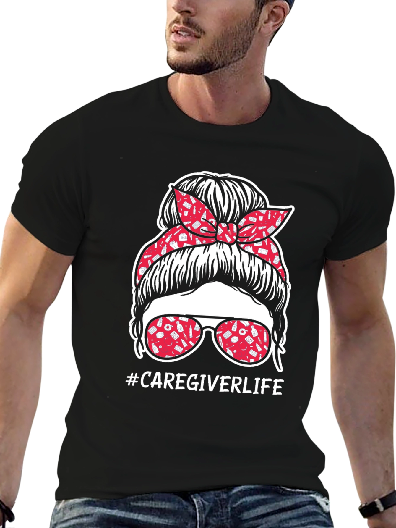 Black Caregiver Life Messy Bun T-Shirt view 6