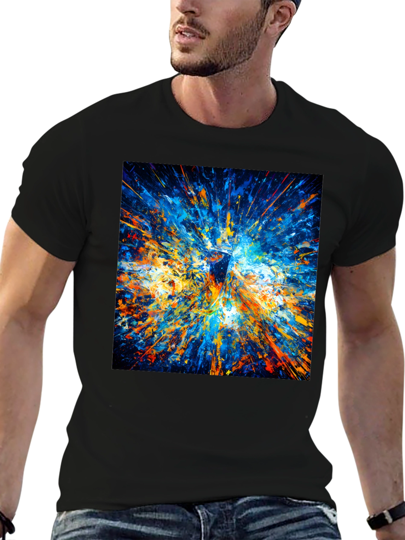 Black Abstract Explosion Art Men's Black T-Shirt view 6