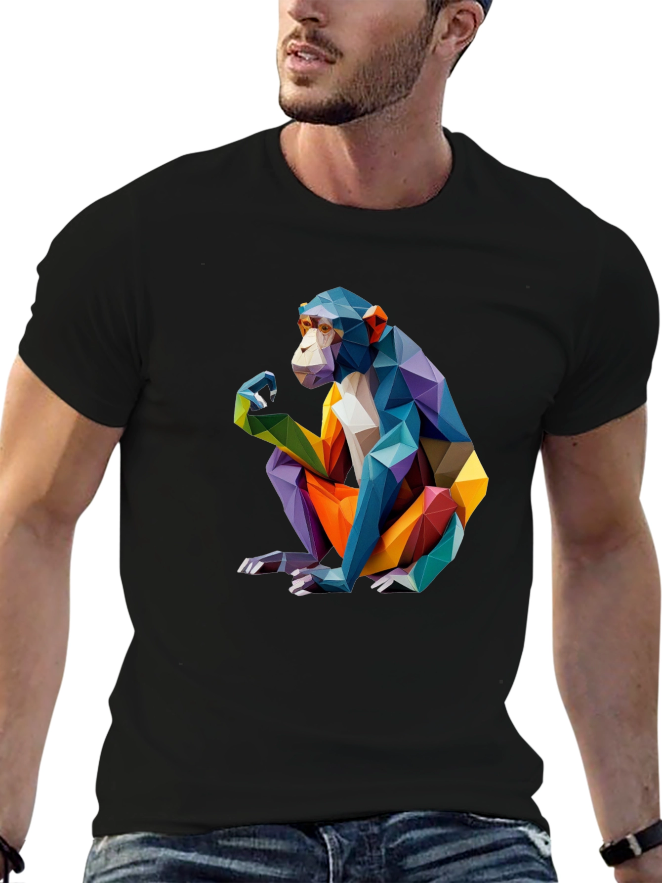 Black Geometric Monkey Graphic Black T-Shirt view 6