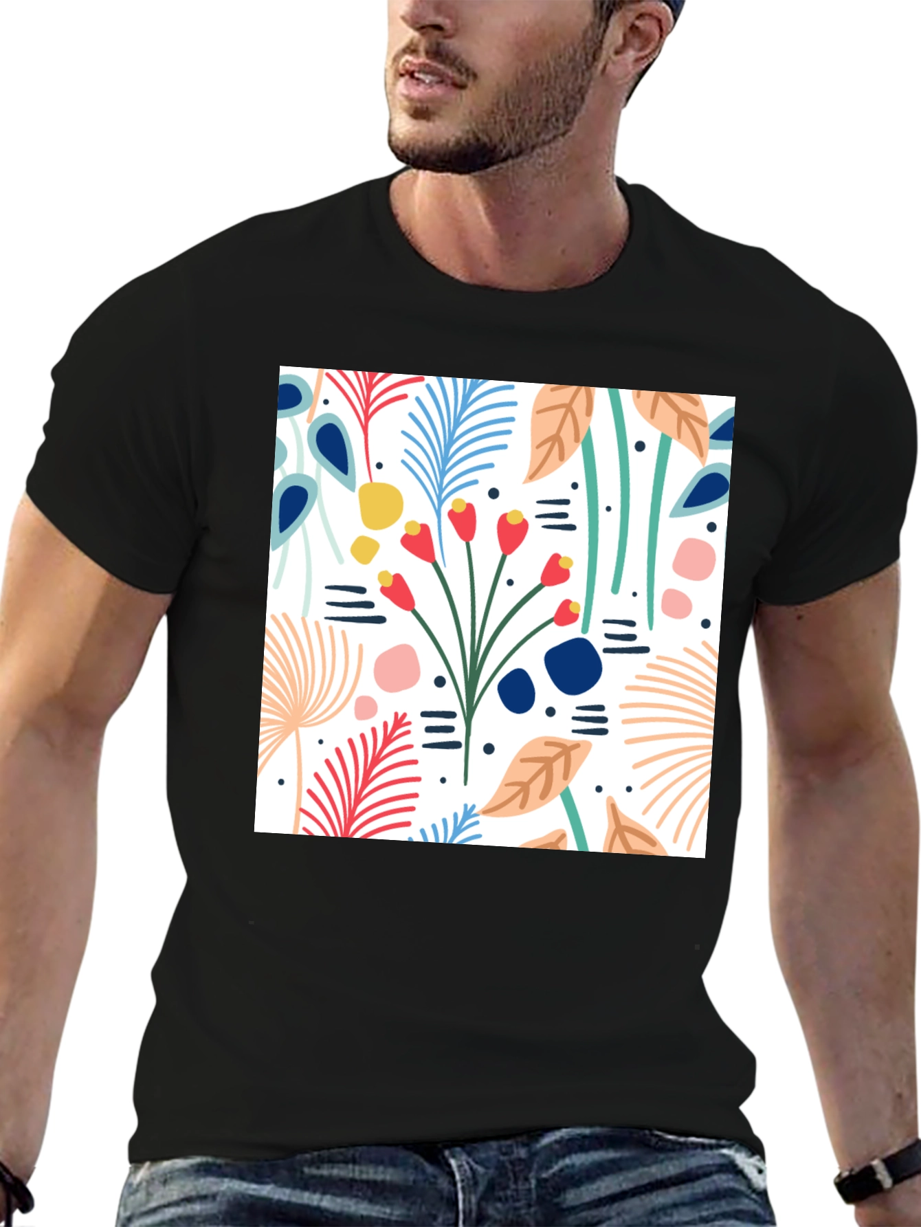 Black Floral Pattern Black T-Shirt view 6