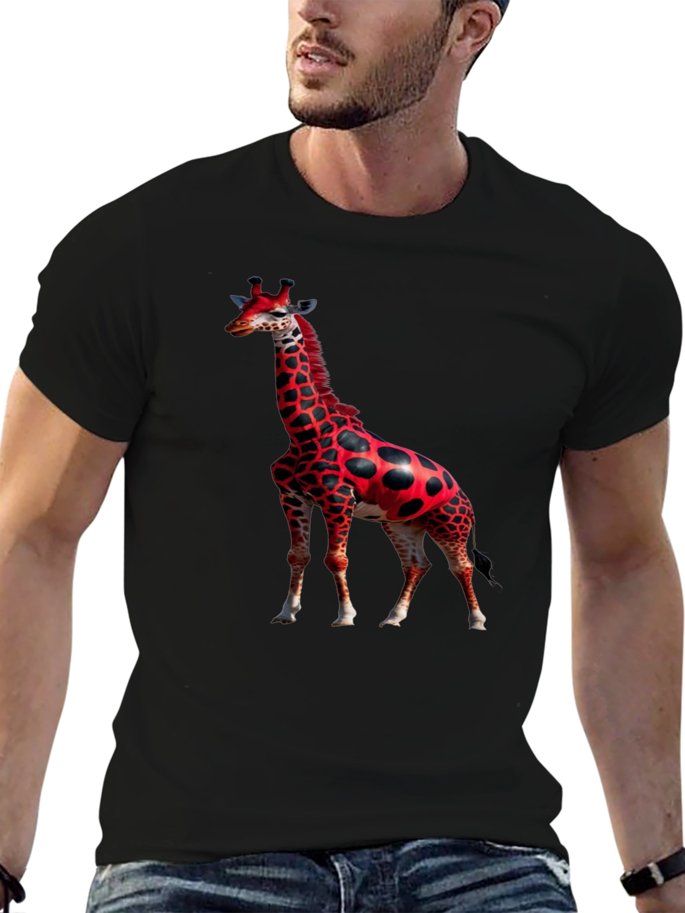 Black Red Giraffe Print Black T-Shirt view 6
