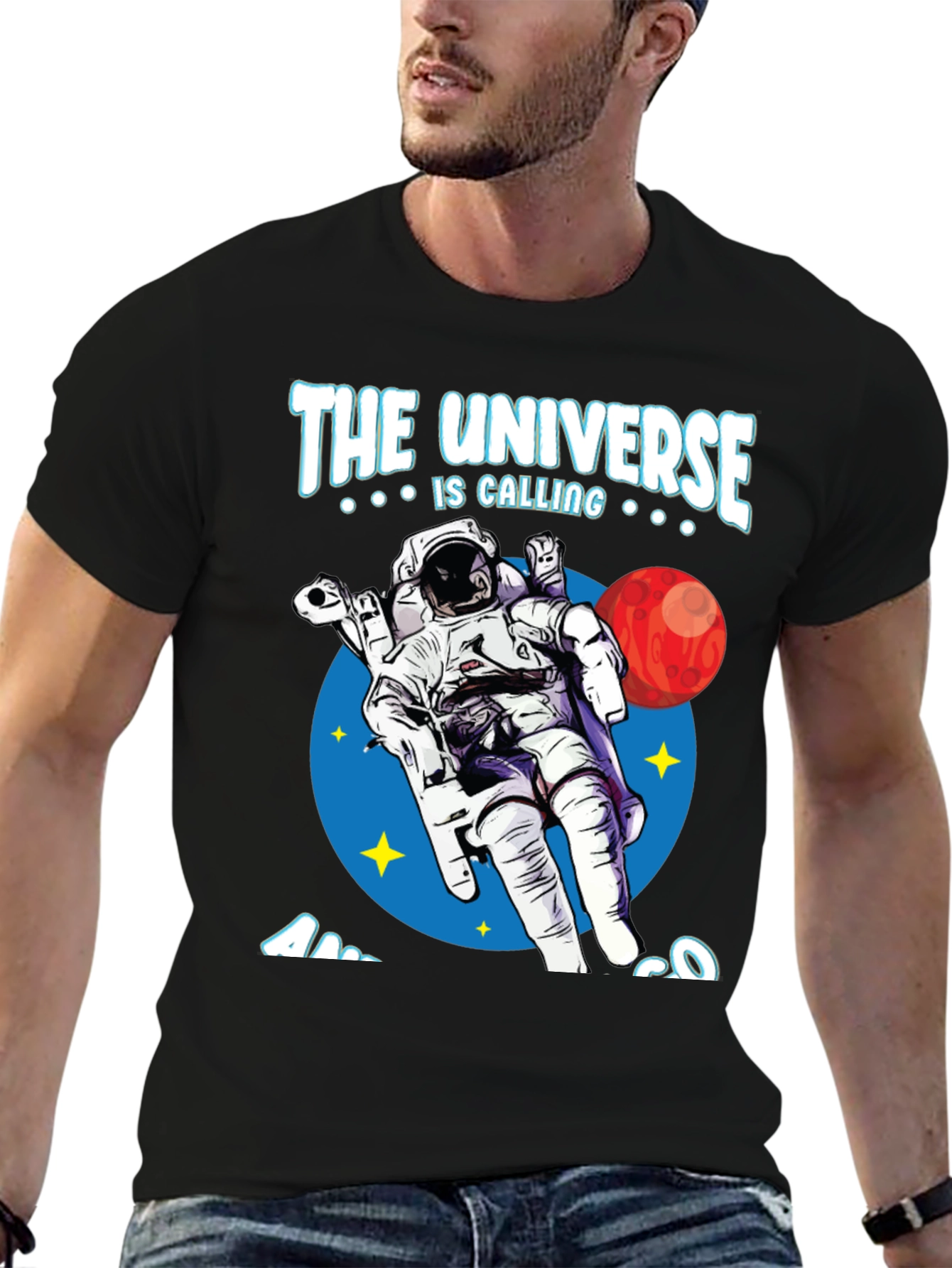 Black Universe Calling Astronaut Graphic Tee view 6