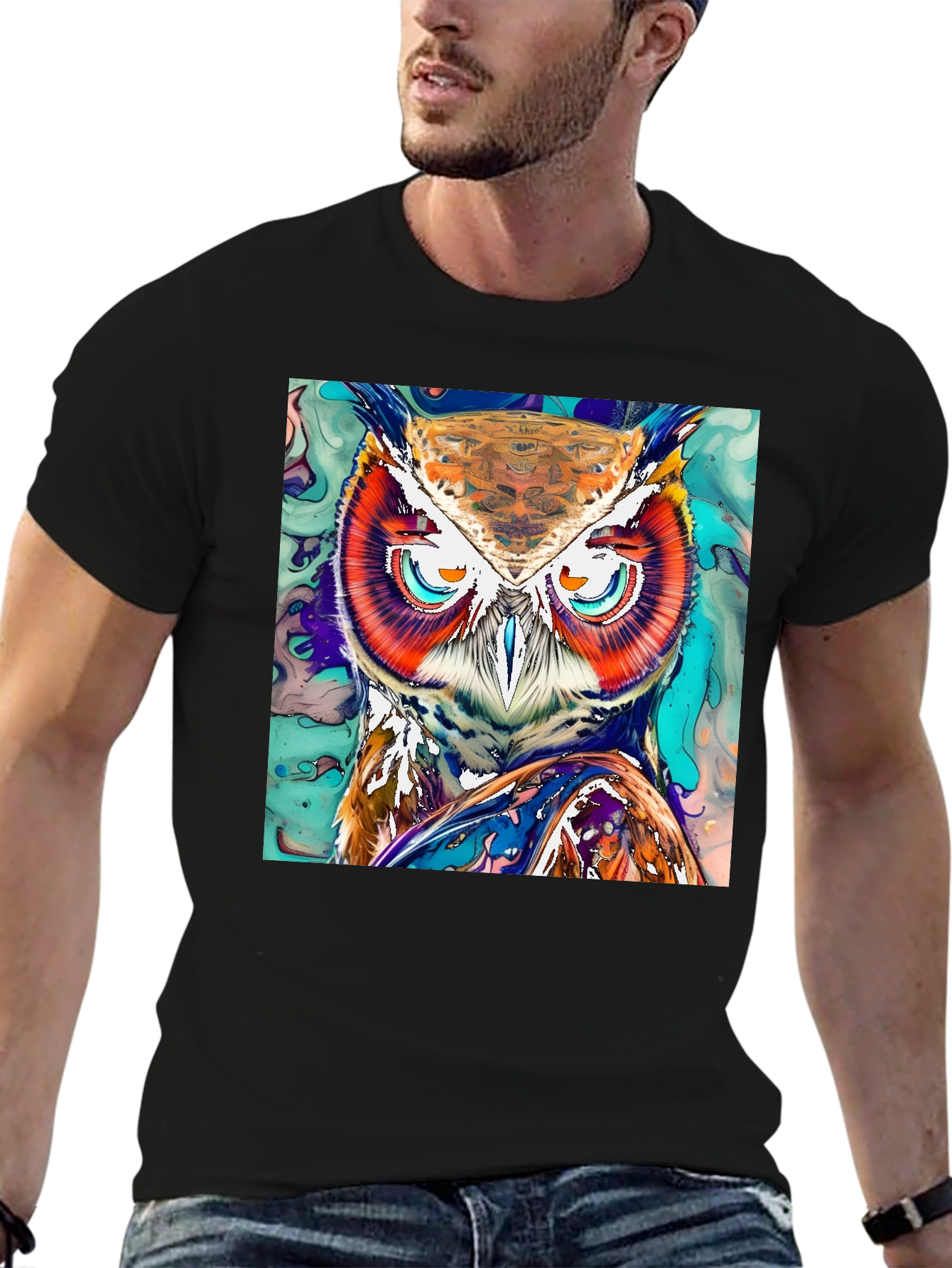 Black Artistic Owl Graphic Print T-Shirt view 6