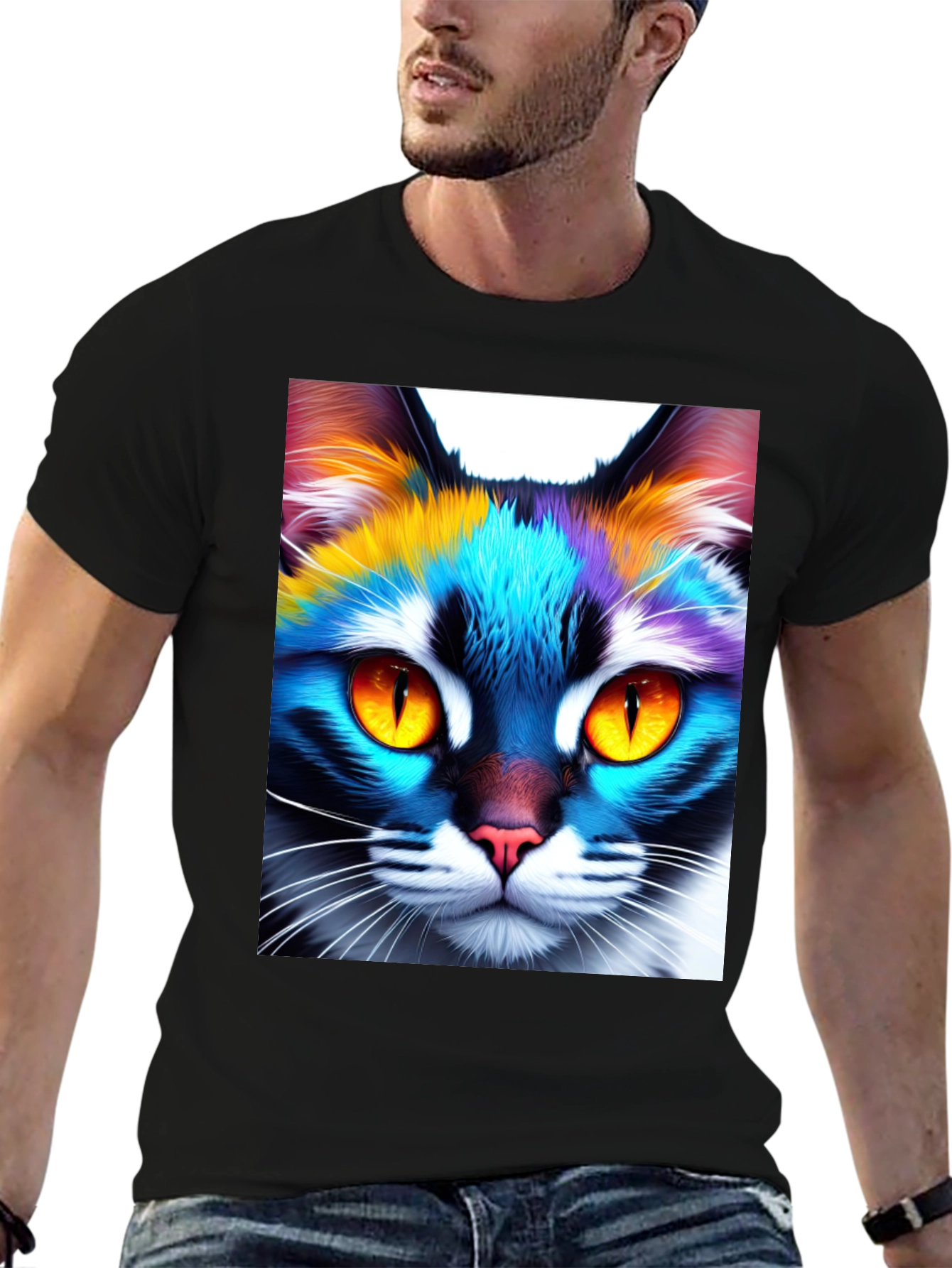 Black Colorful Cat Graphic Tee - Unique Unisex Design view 6