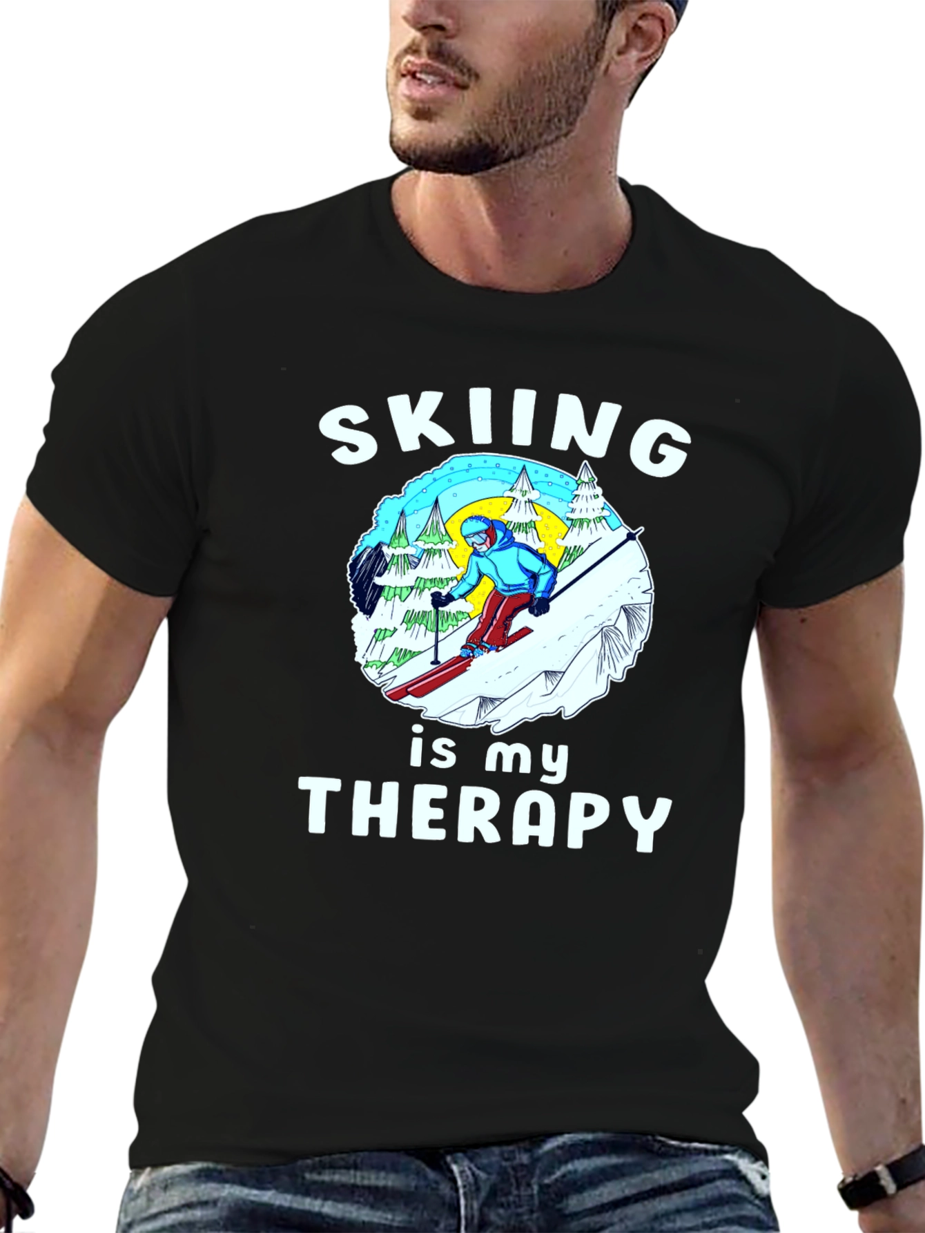 Black Skiing is My Therapy T-Shirt | Winter Sports Apparel view 6