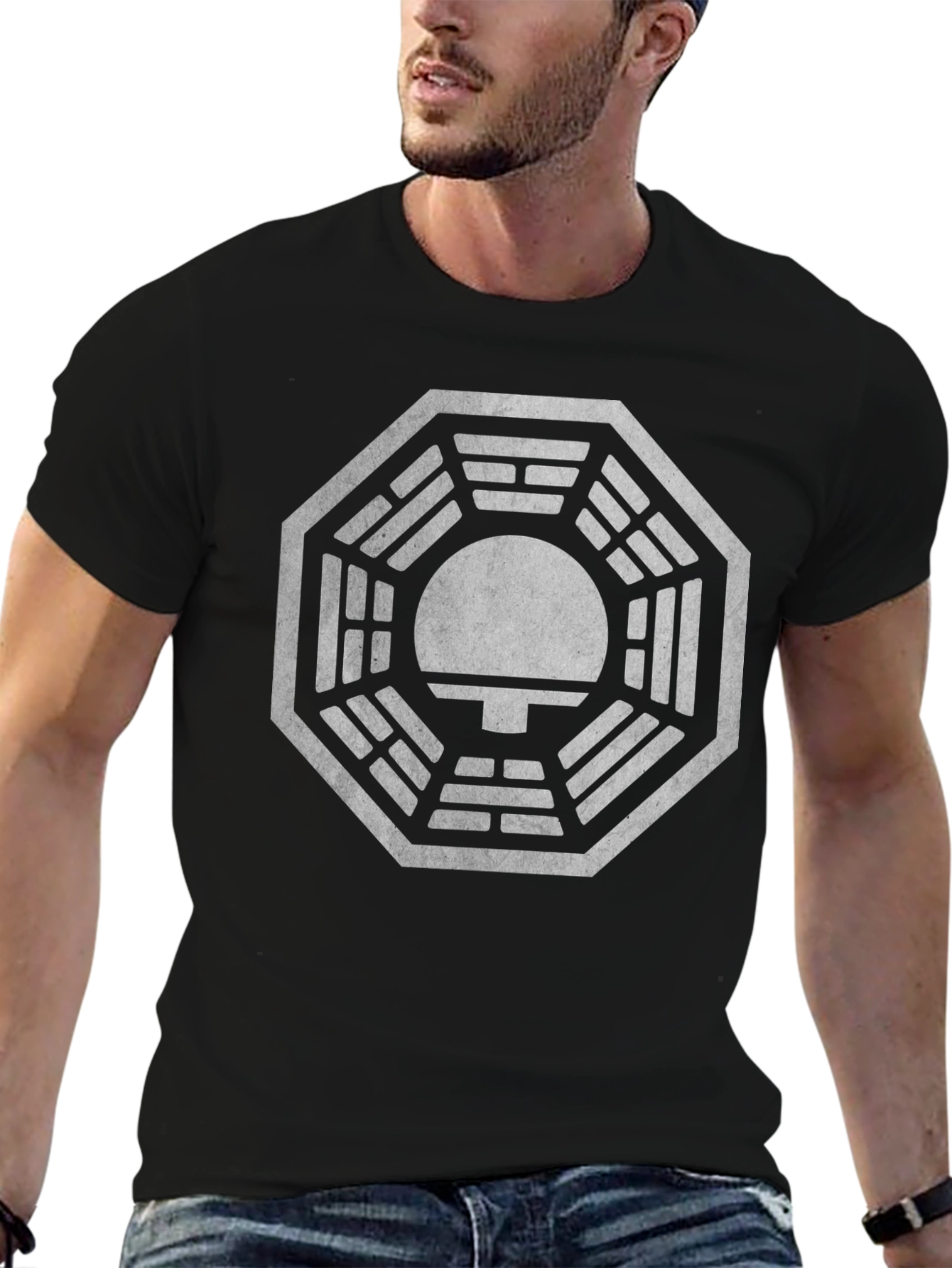 Black Men's Black T-Shirt with Mysterious Octagon Design view 6