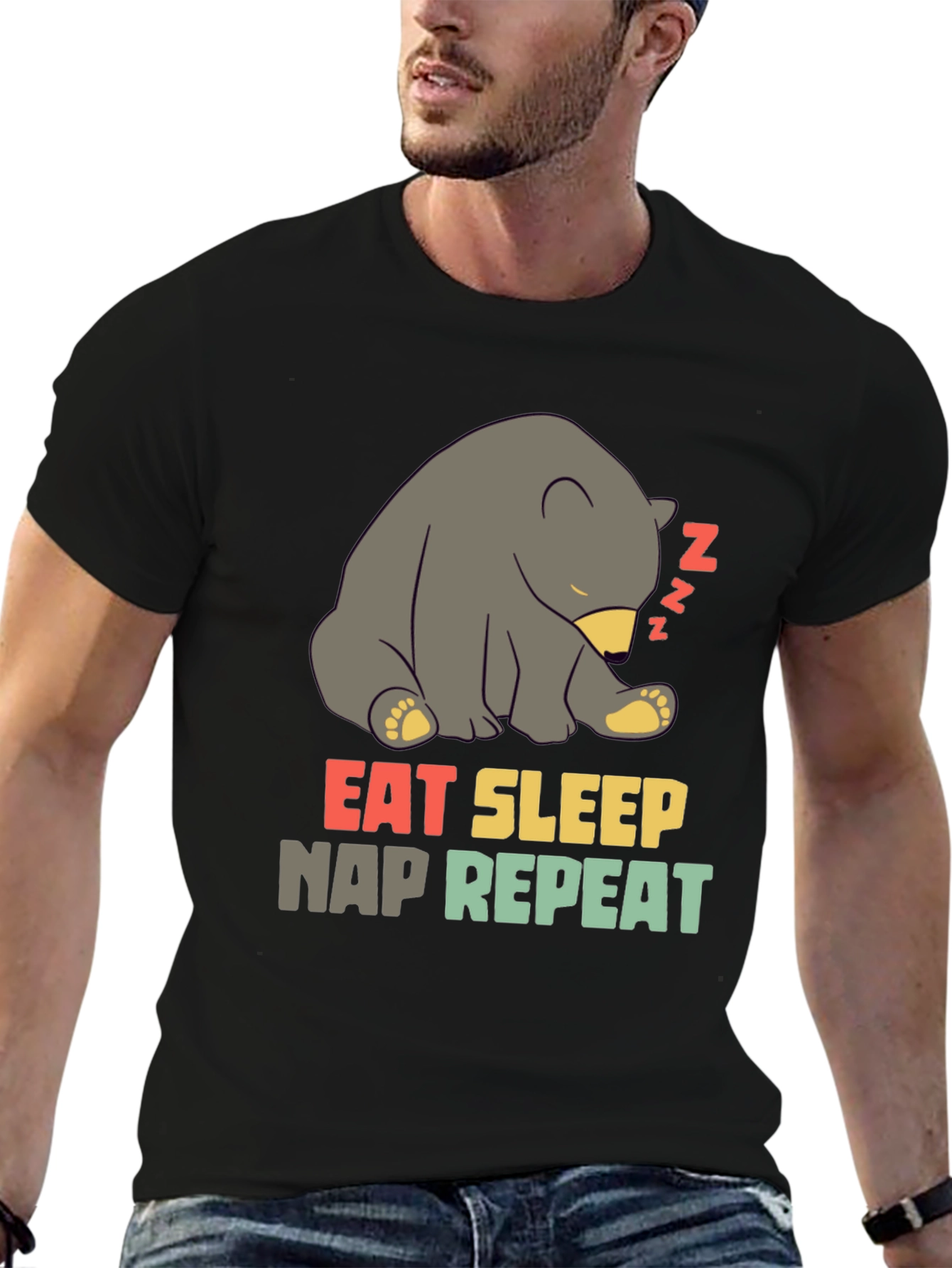 Black Eat Sleep Nap Repeat Bear T-Shirt view 6