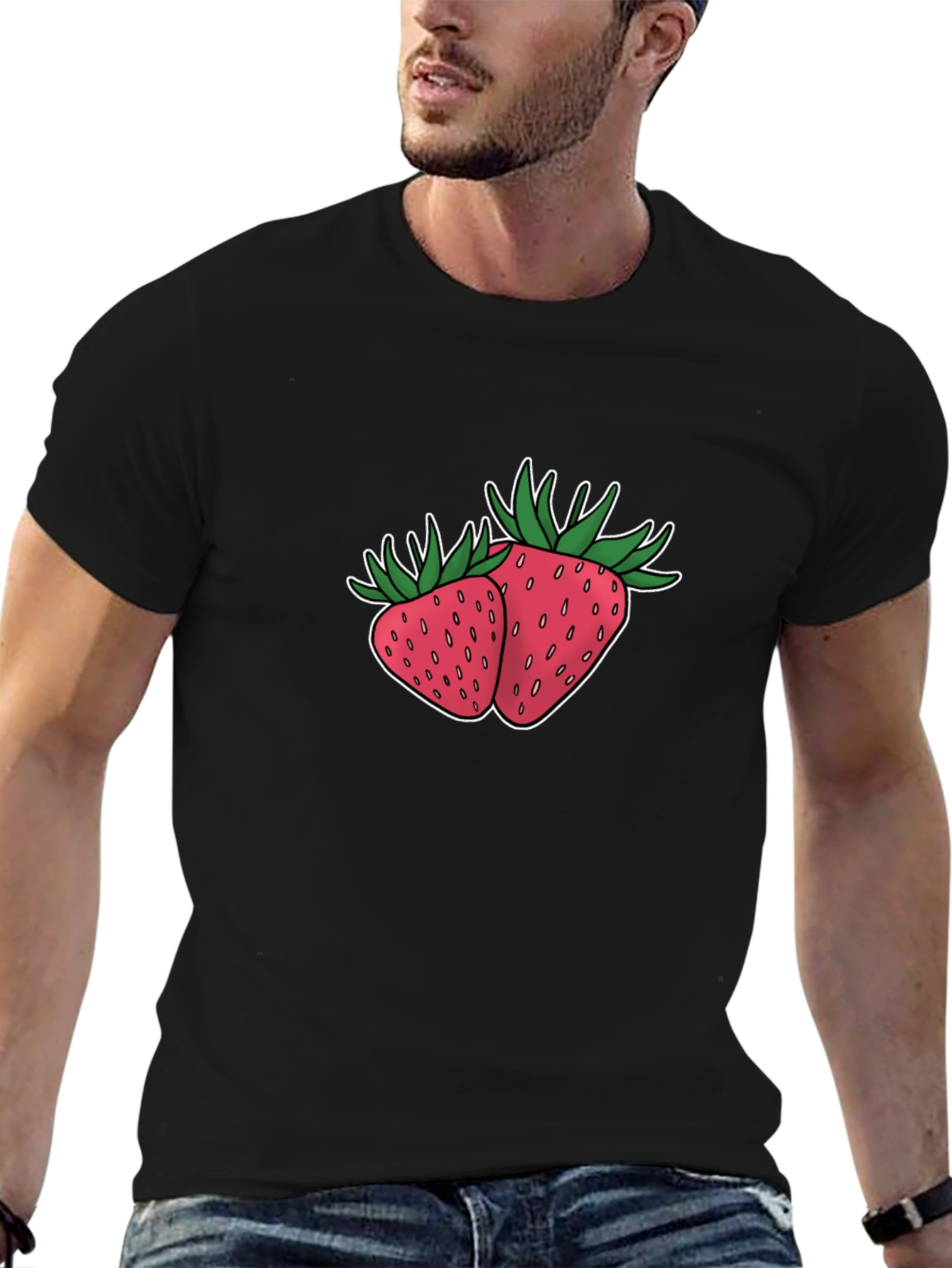 Black Strawberry Design Black T-Shirt view 6