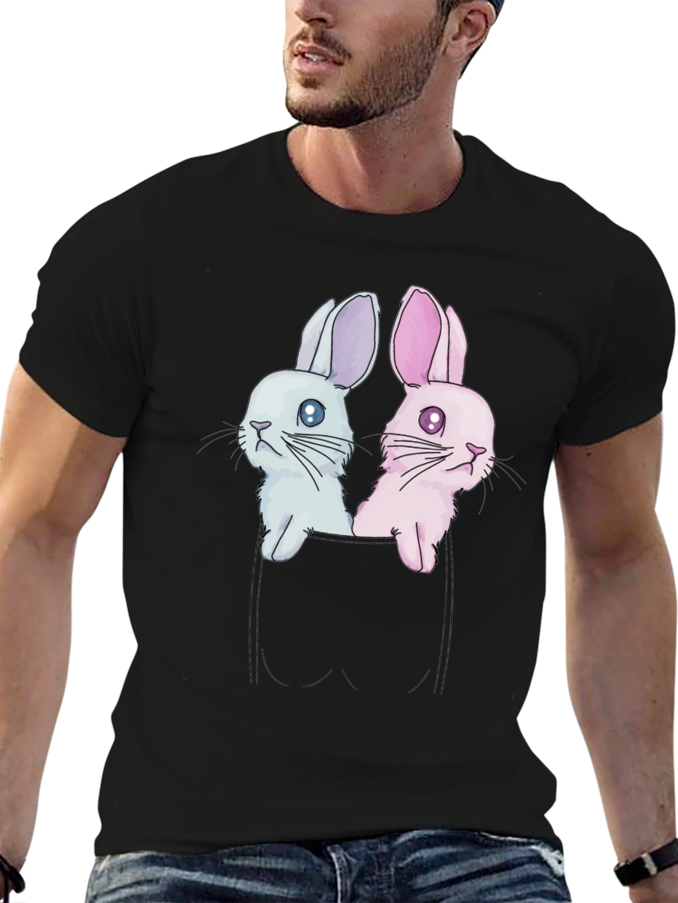 Black Cute Bunny Pocket Tee - Adorable Graphic T-Shirt view 6