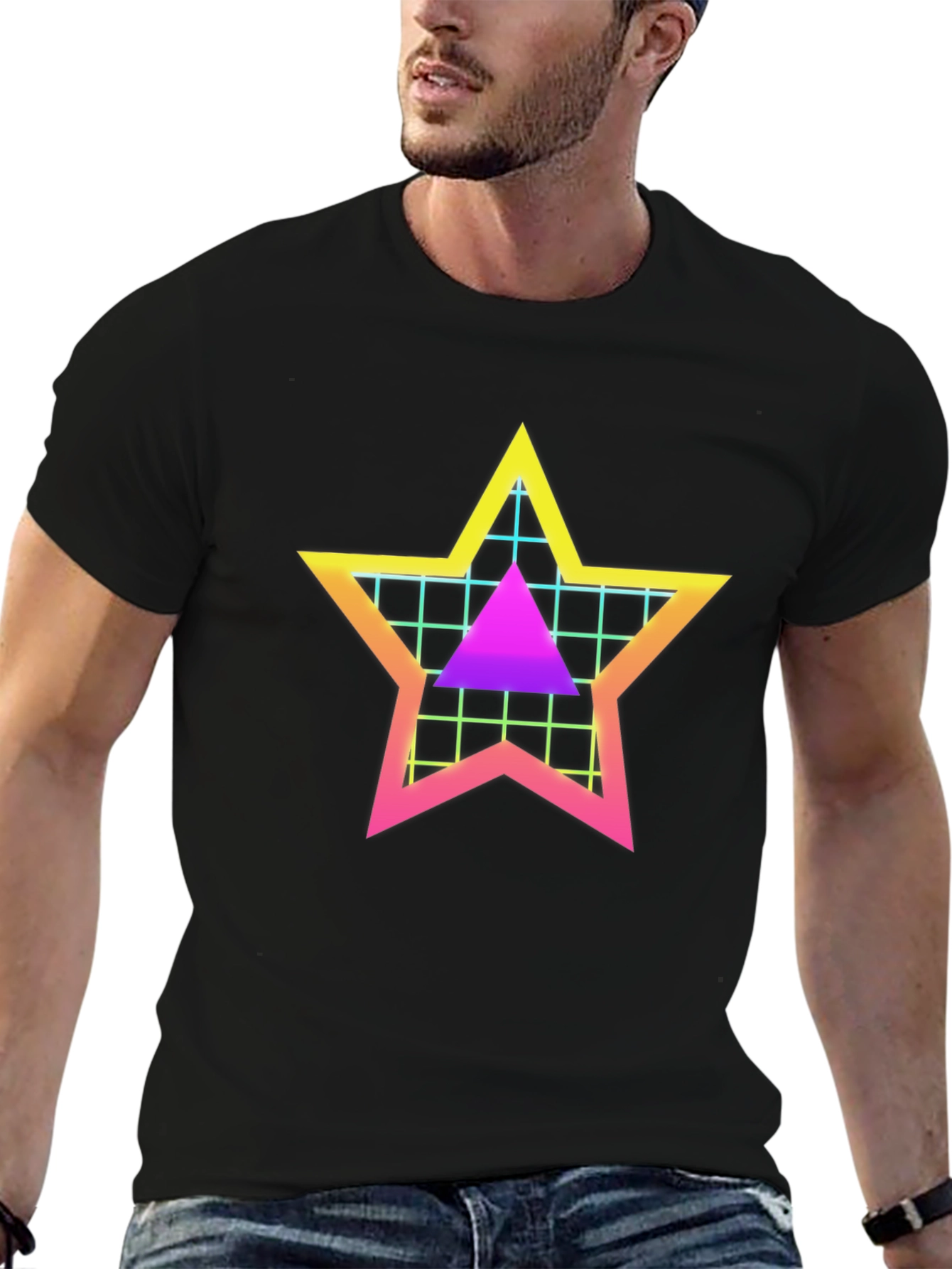 Black Retro Star Grid T-Shirt - 80s Style Graphic Tee view 6