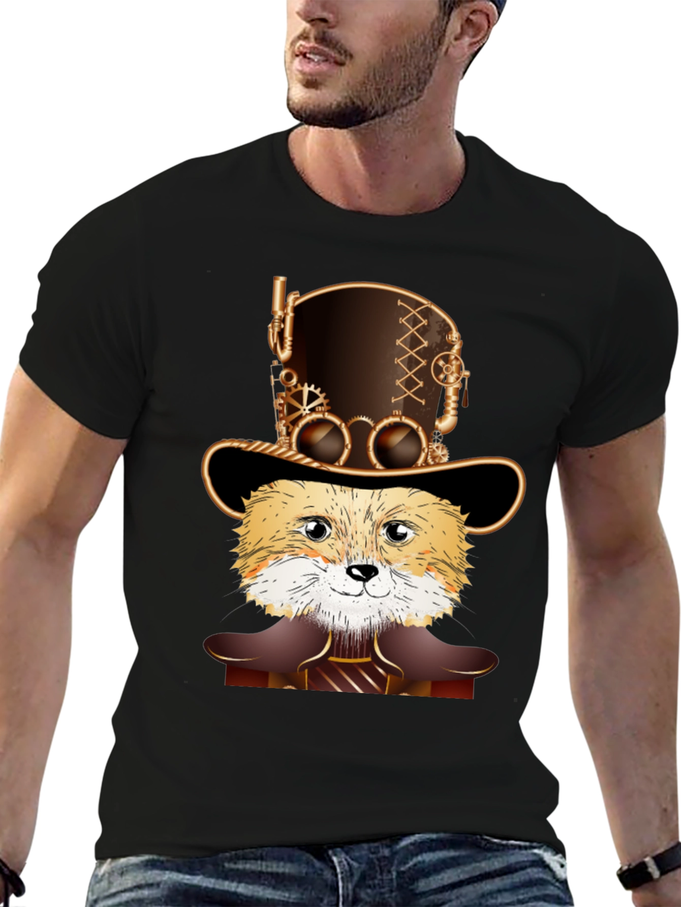 Black Steampunk Fox T-Shirt - Unique Design view 6