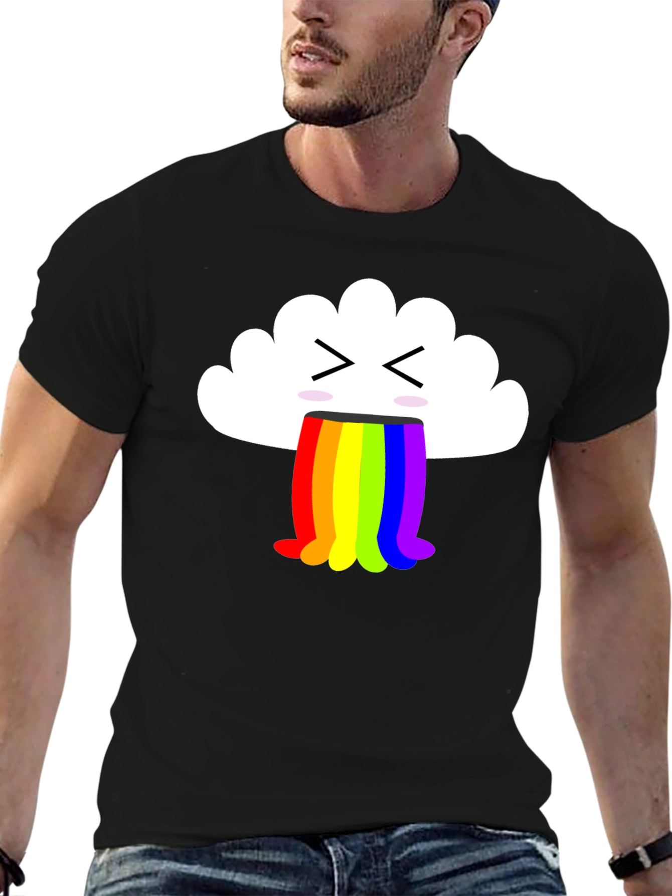 Black Funny Cloud Vomiting Rainbow T-Shirt - Black view 6