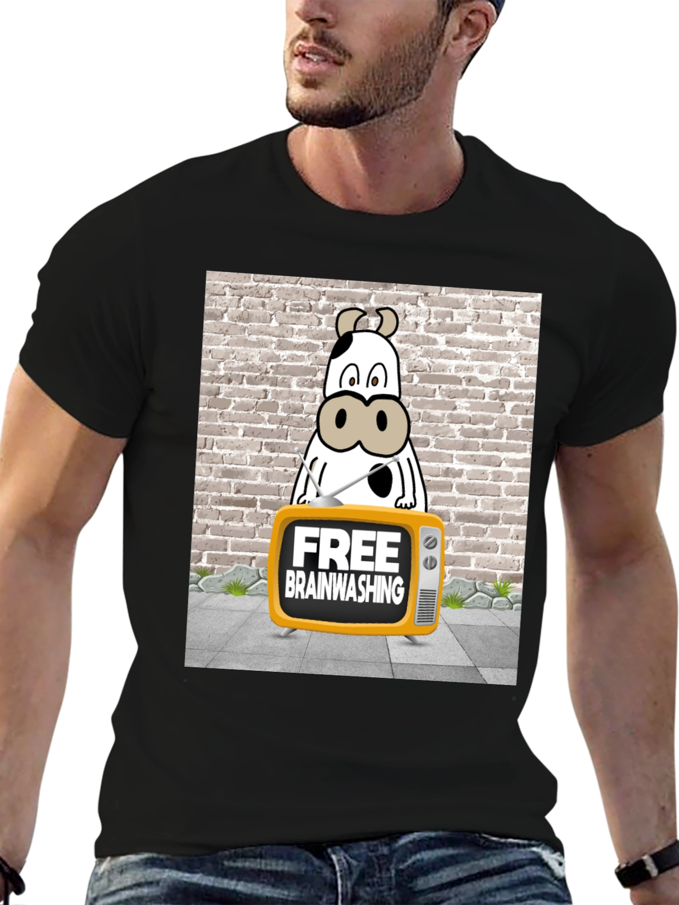 Black Brainwashing Cow T-Shirt: Funny Graphic Tee for Men view 6