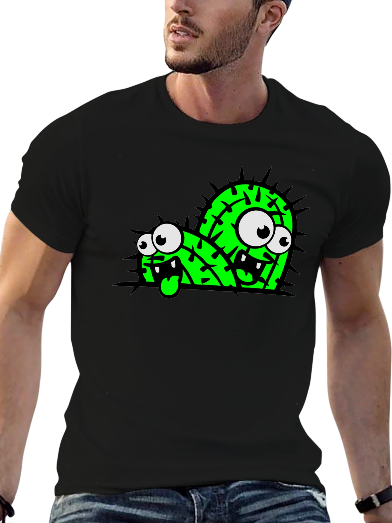 Black Funny Cartoon Cactus Graphic Black T-Shirt view 6