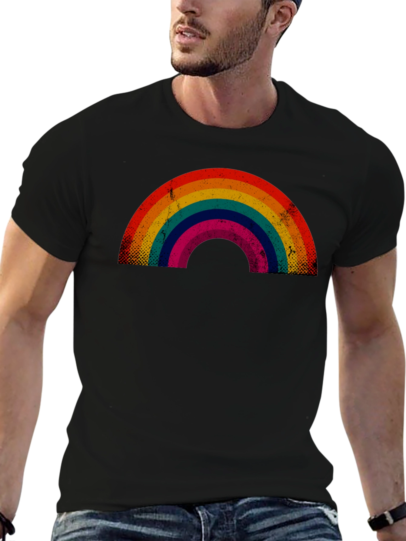 Black Retro Rainbow Graphic Tee - Black Cotton Blend view 6