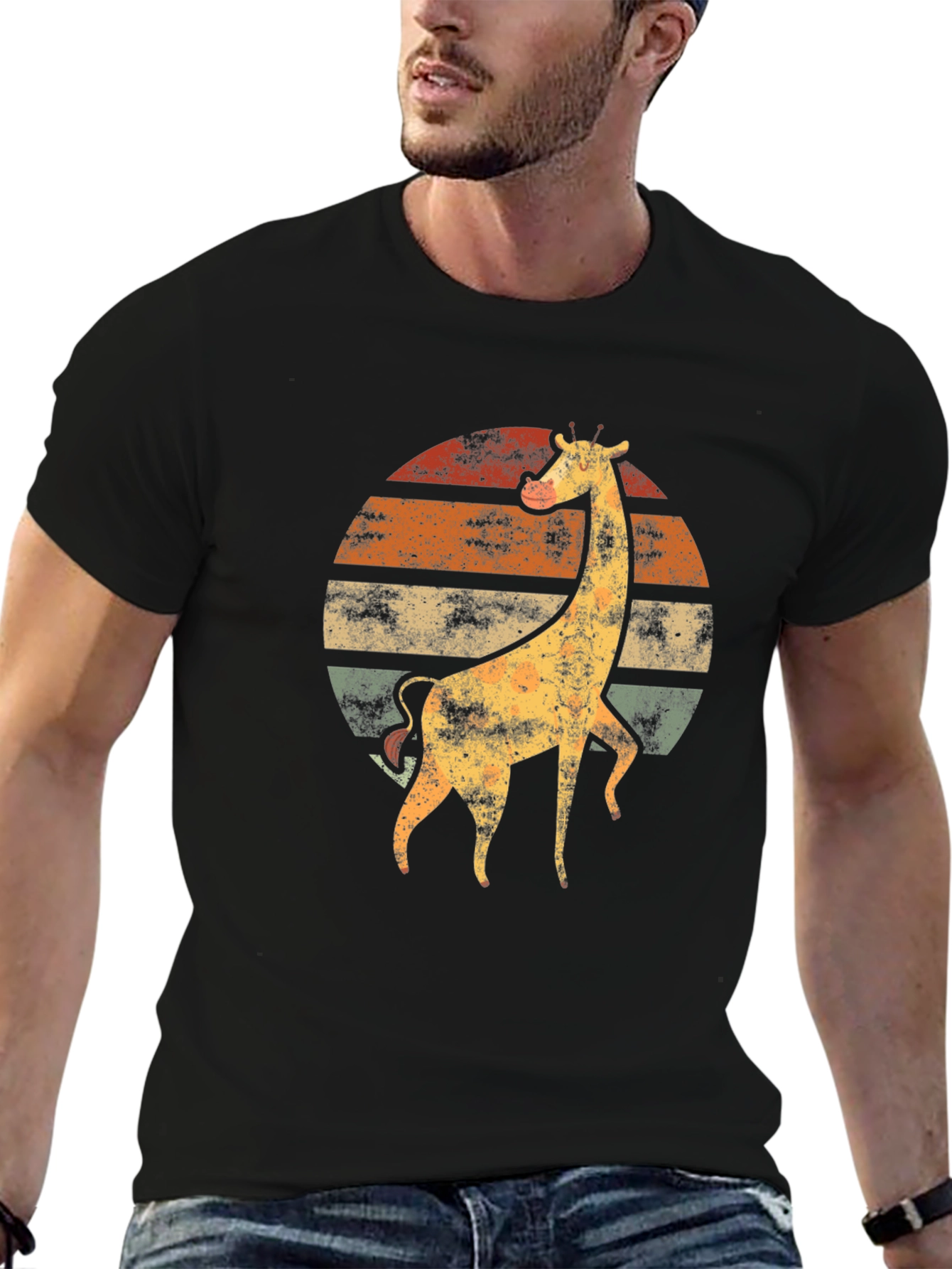 Black Retro Giraffe Sunset T-Shirt - Vintage Animal Tee view 6
