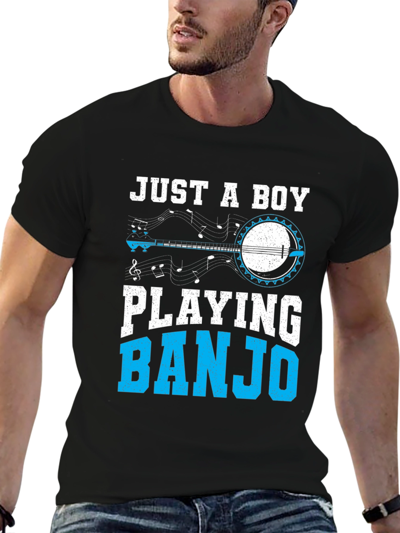 Black Just a Boy Playing Banjo T-Shirt view 6
