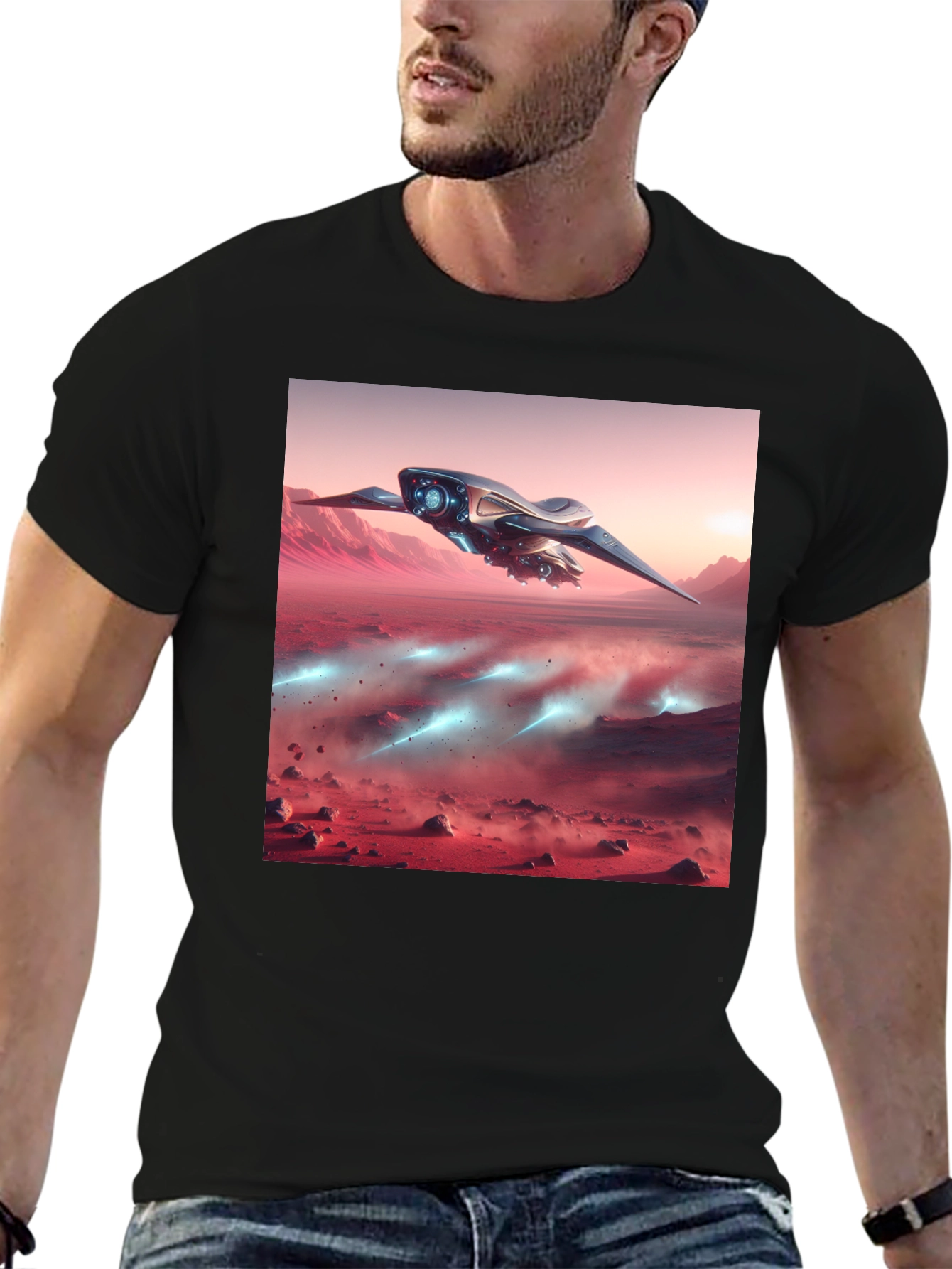 Black Sci-Fi Spaceship Graphic Tee - Black view 6