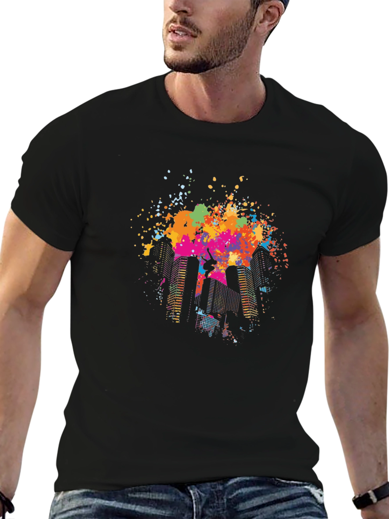 Black Urban Splash Tee - Cityscape Graffiti Style view 6