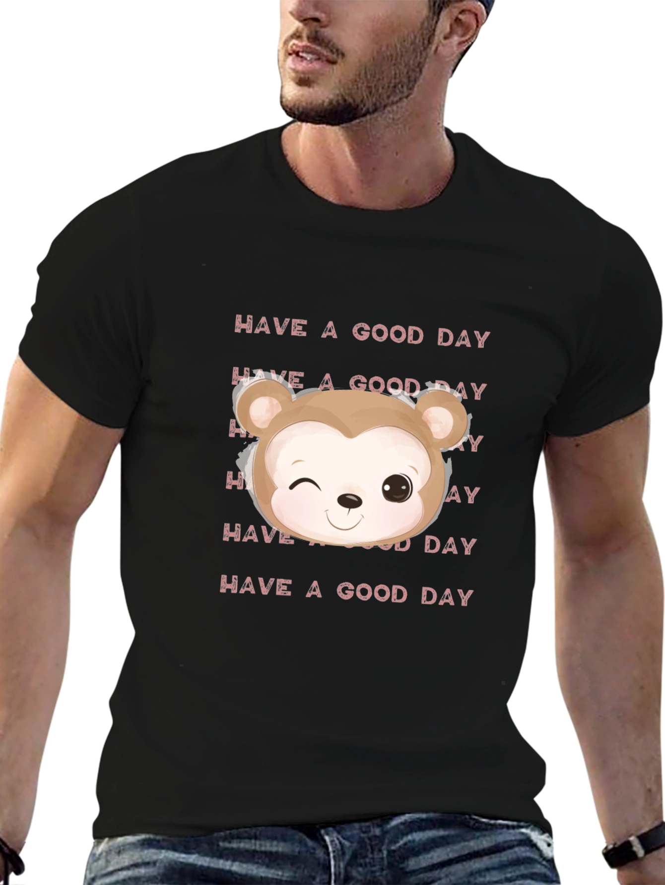 Black Cute Cartoon Bear Graphic T-Shirt, Black view 6