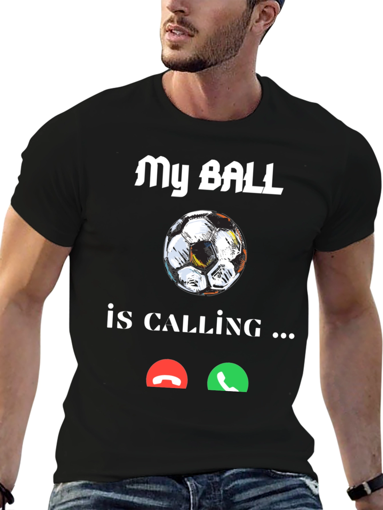 Black Funny Soccer Ball Calling T-Shirt view 6
