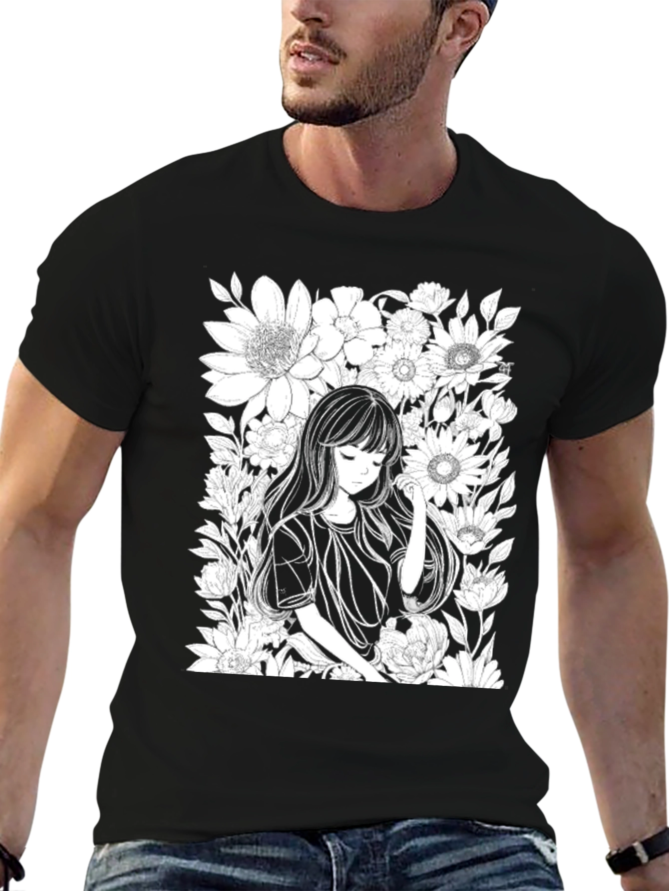 Black Anime Girl Floral T-Shirt - Black Cotton Tee view 6