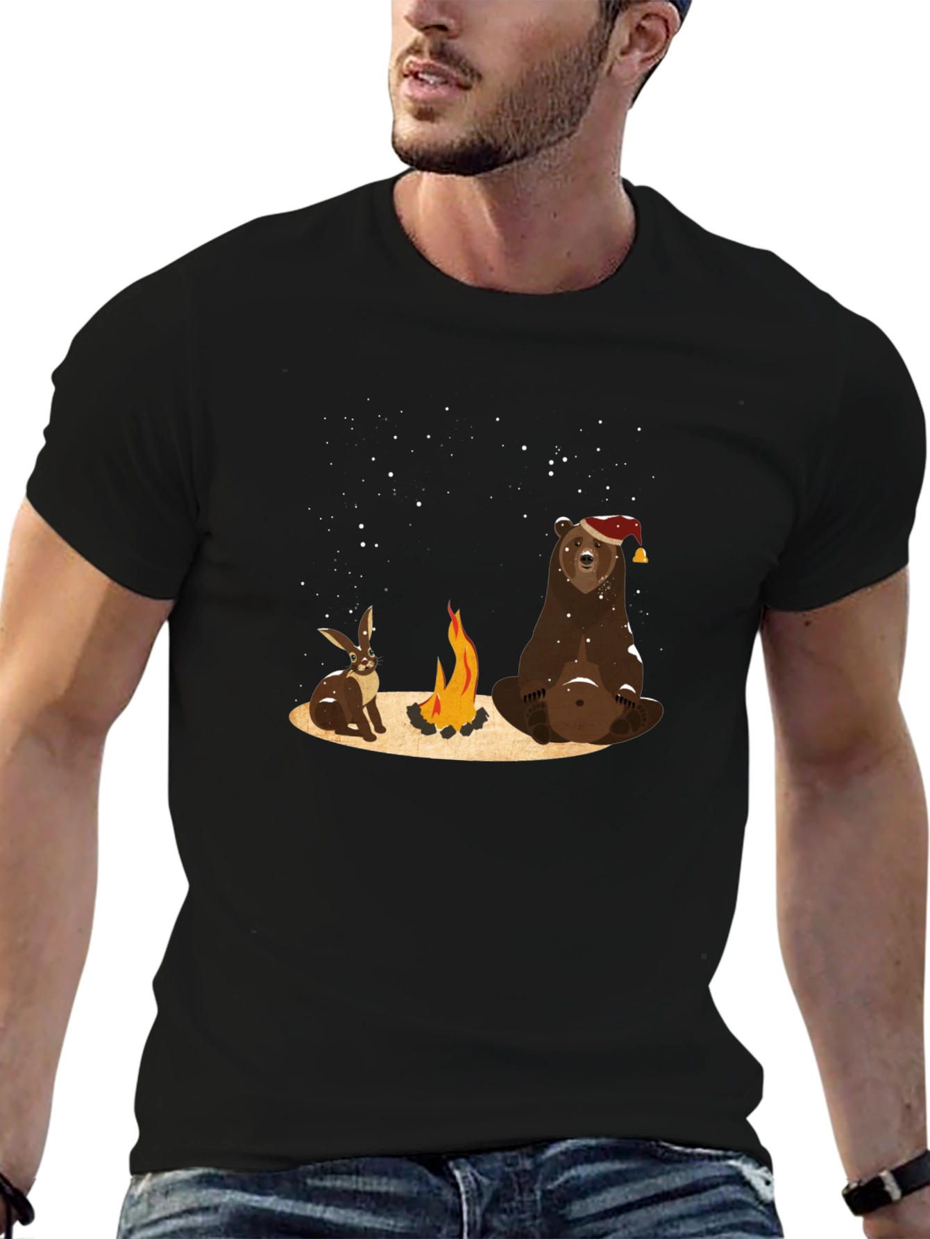 Black Bear and Bunny Campfire T-Shirt - Cozy and Cute view 6