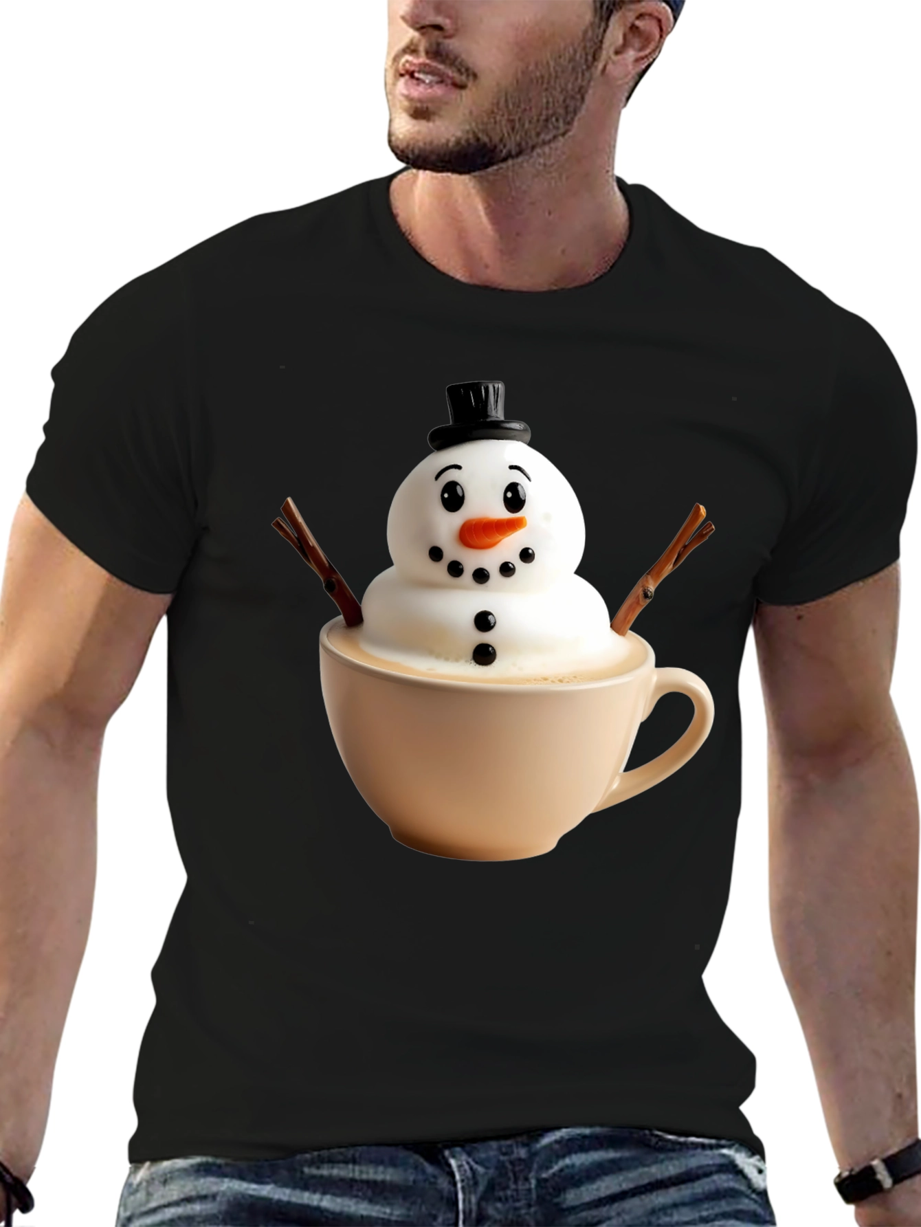 Black Whimsical Snowman Latte Art T-Shirt view 6