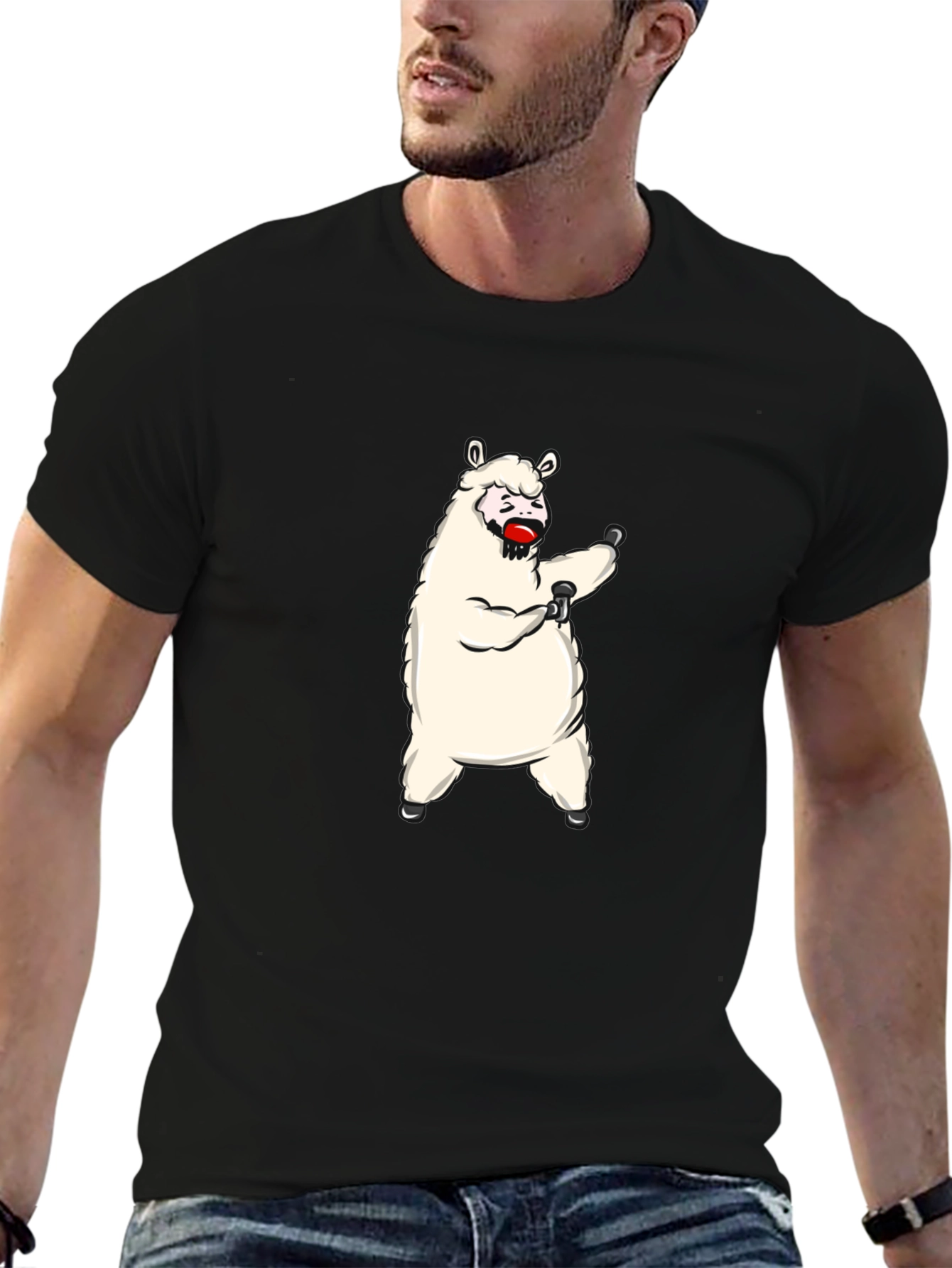 Black Funny Llama Graphic Tee - Black Cotton T-Shirt view 6