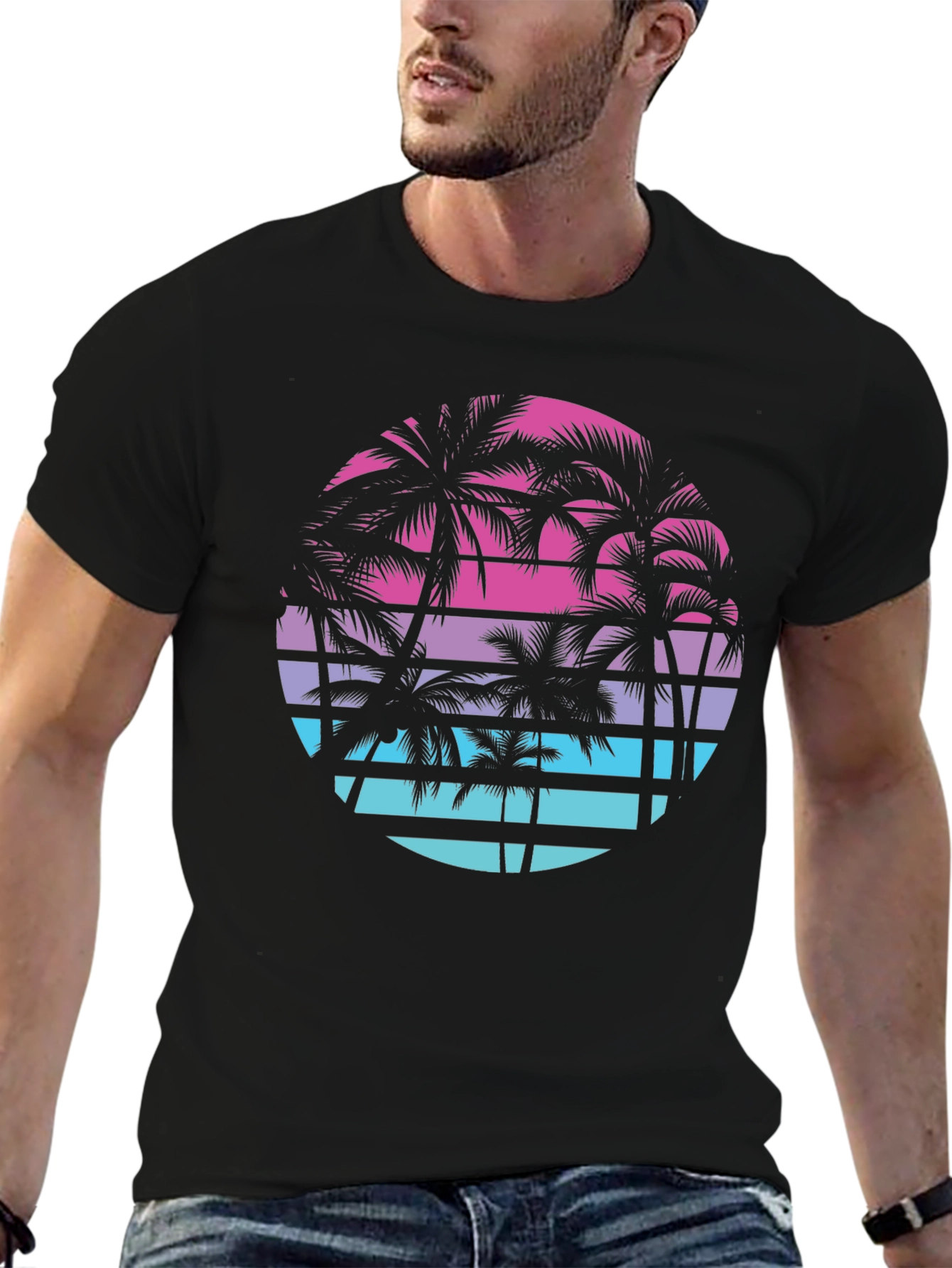 Black Retro Palm Tree Sunset T-Shirt view 6