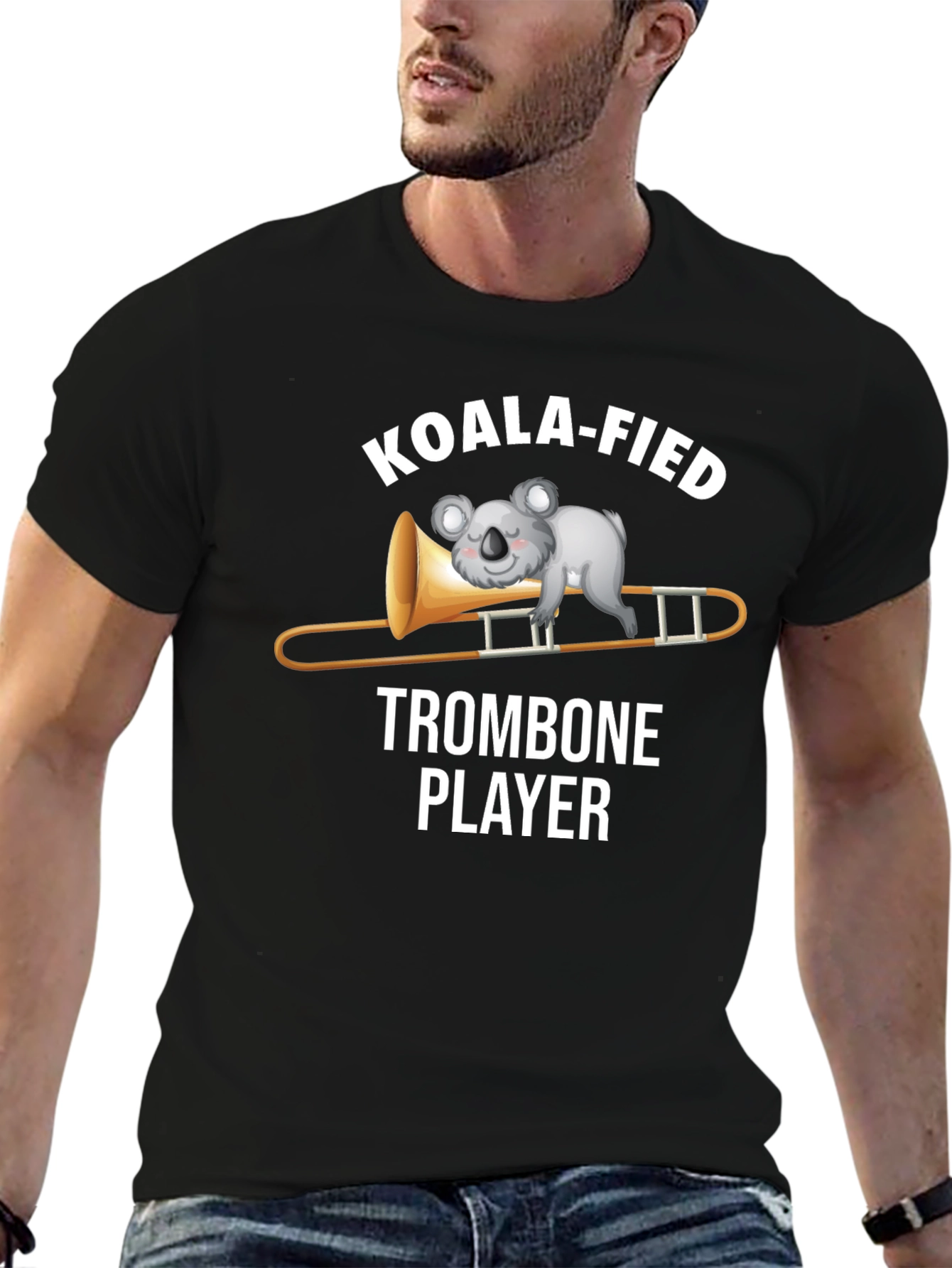 Black Koala-fied Trombone Player Graphic T-Shirt view 6
