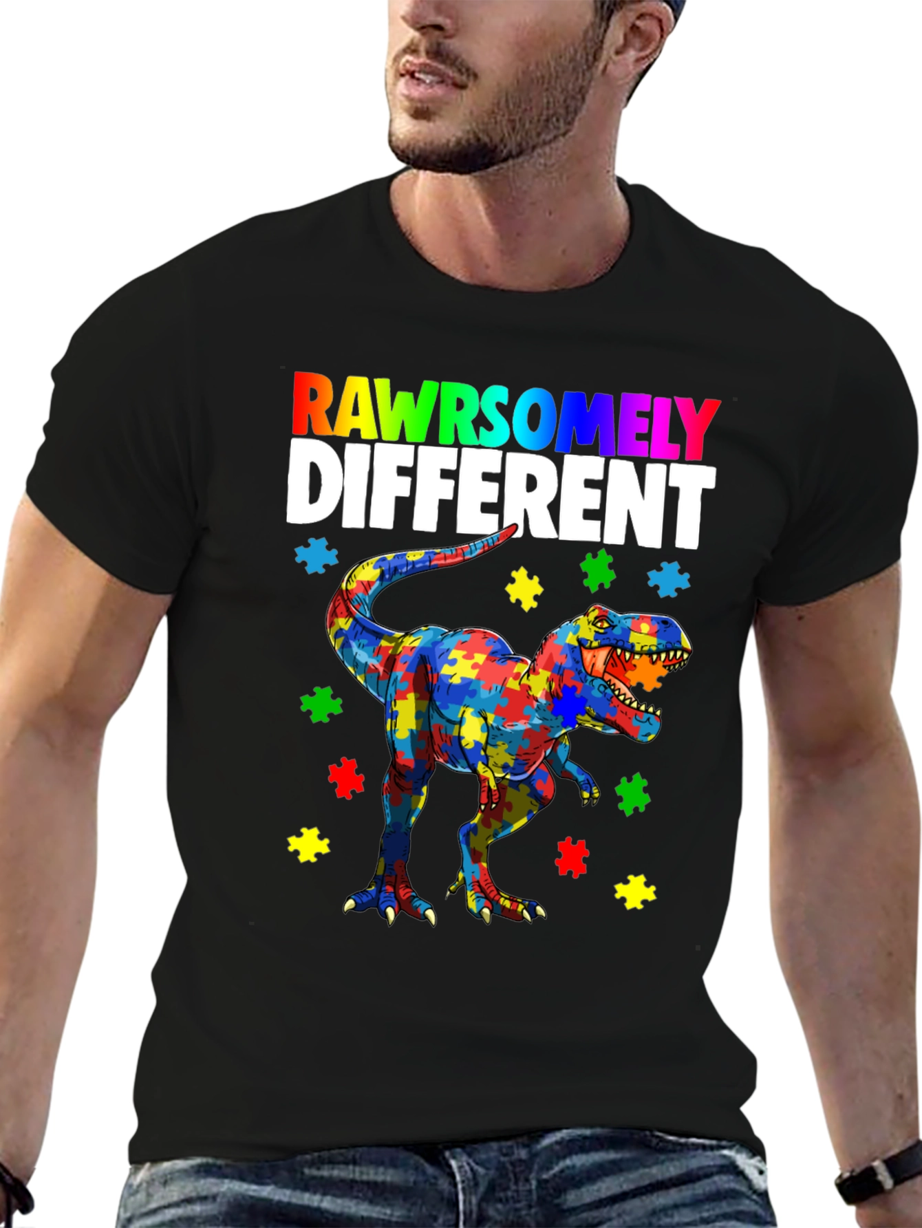 Black RAWRSOMELY DIFFERENT Autism Dinosaur T-Shirt view 6