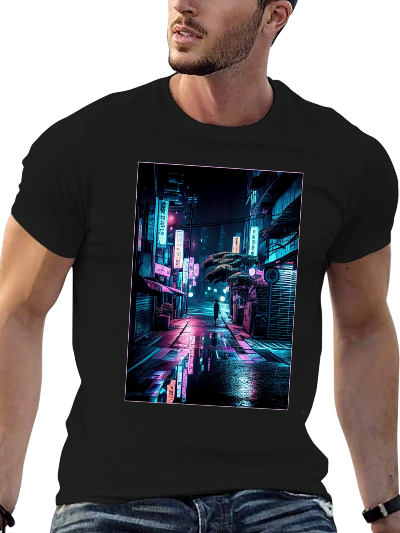 Black Neon Cityscape Graphic Tee view 6