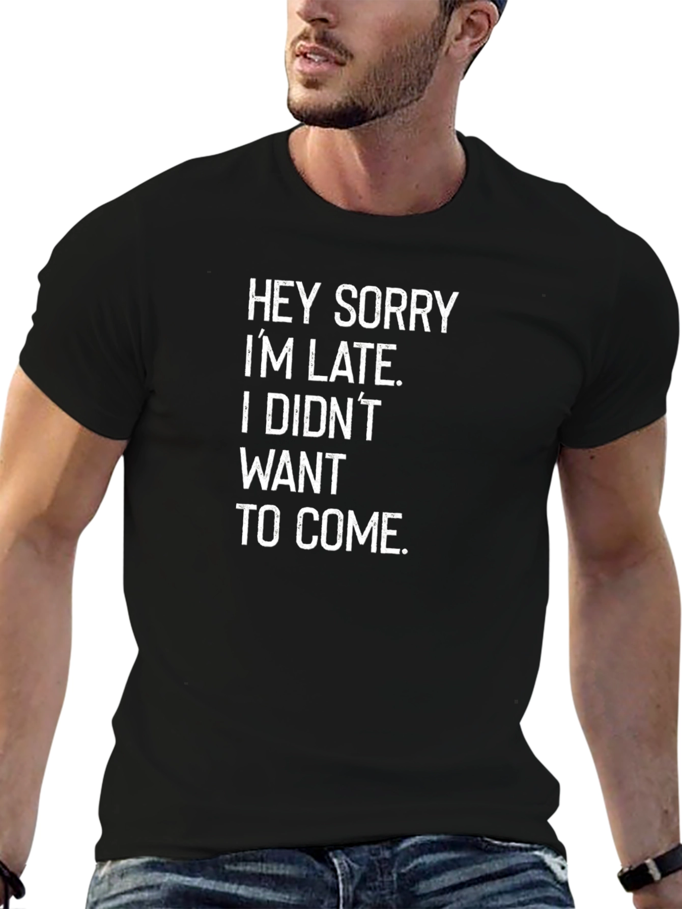 Black Funny Sarcastic 'Sorry I'm Late' Black T-Shirt view 6