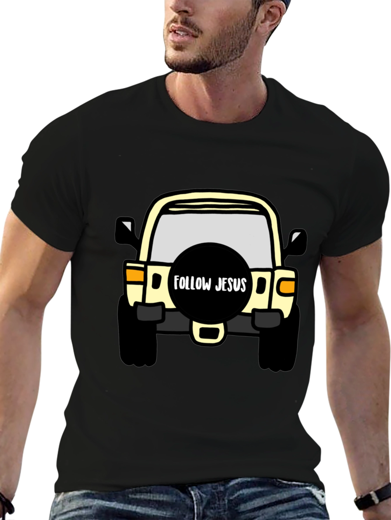 Black Follow Jesus Jeep T-Shirt - Black Cotton Tee view 6