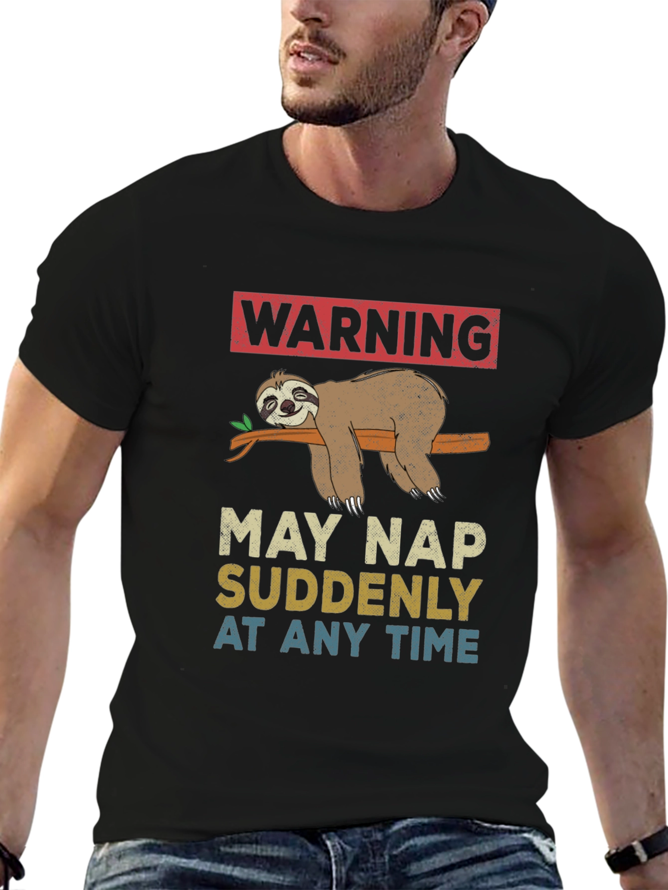 Black Warning May Nap Suddenly Sloth Graphic Tee view 6