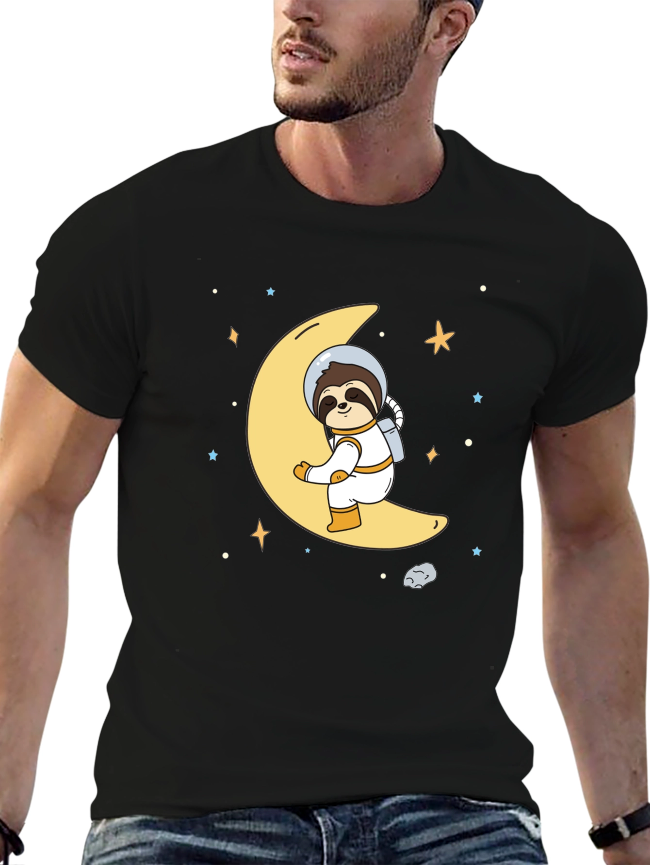 Black Astronaut Sloth on Moon Graphic T-Shirt view 6