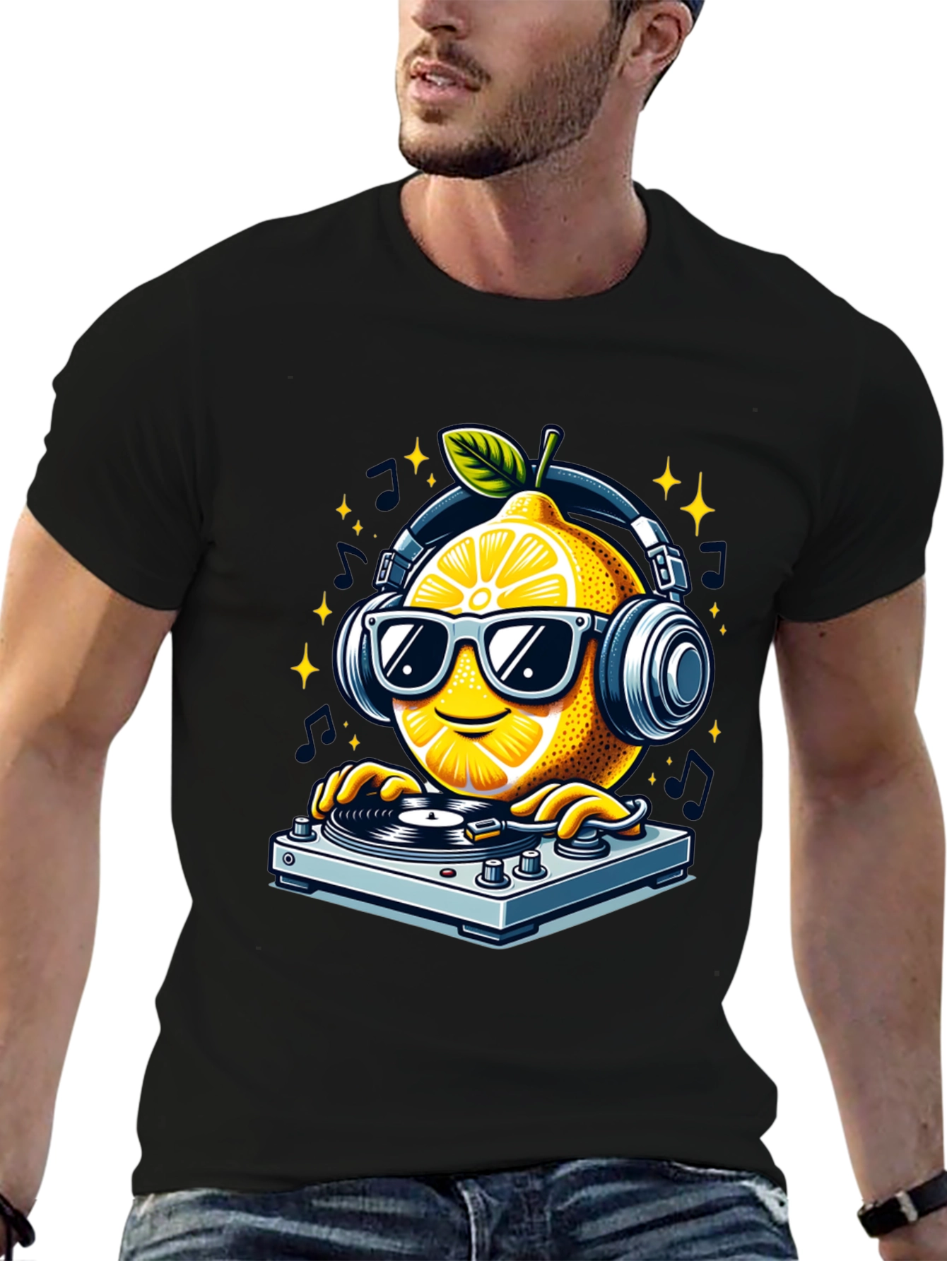 Black DJ Lemon Graphic T-Shirt - Funky Turntable Design view 6
