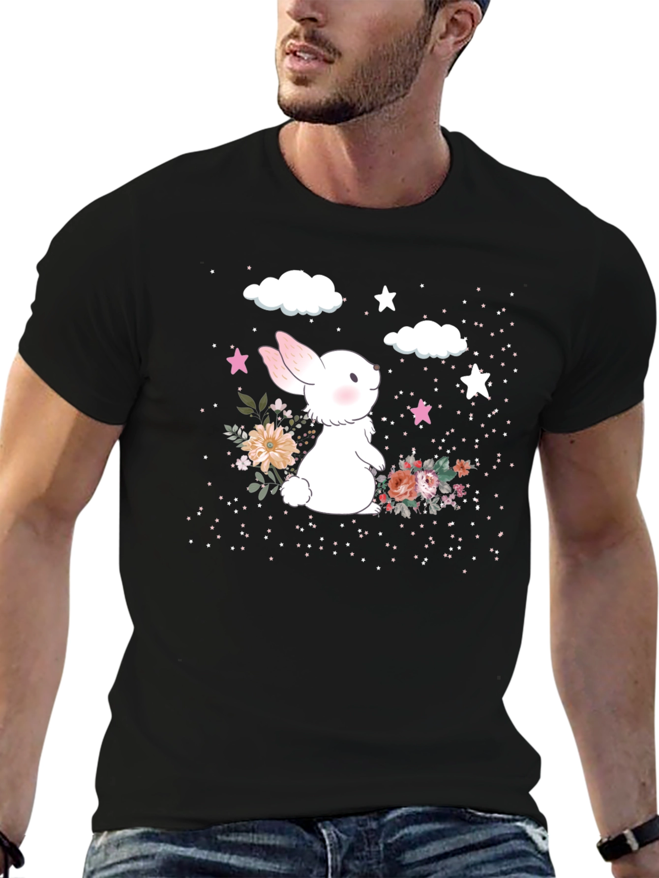 Black Cute Bunny Floral Graphic T-Shirt view 6