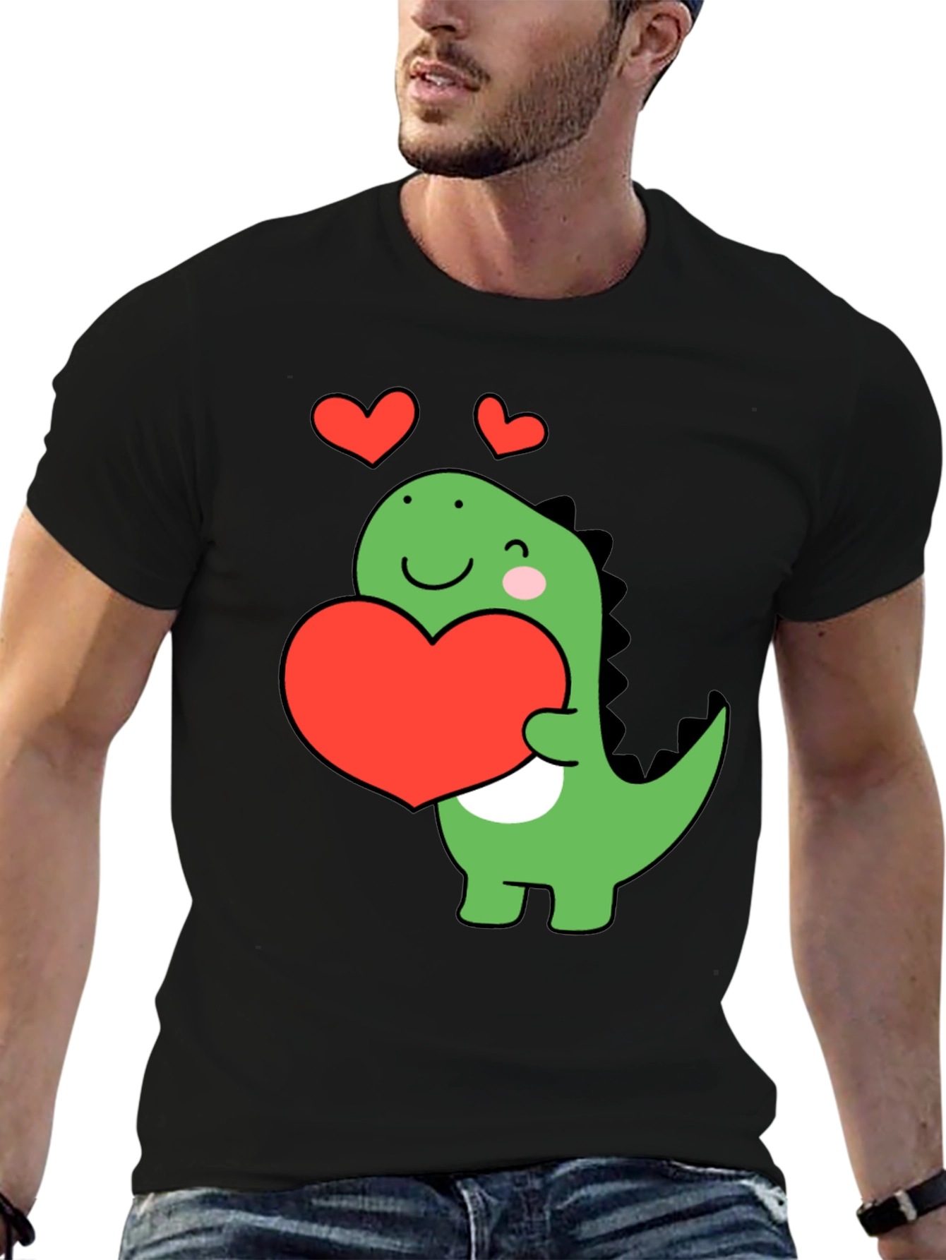 Black Cute Dinosaur Holding Heart T-Shirt view 6