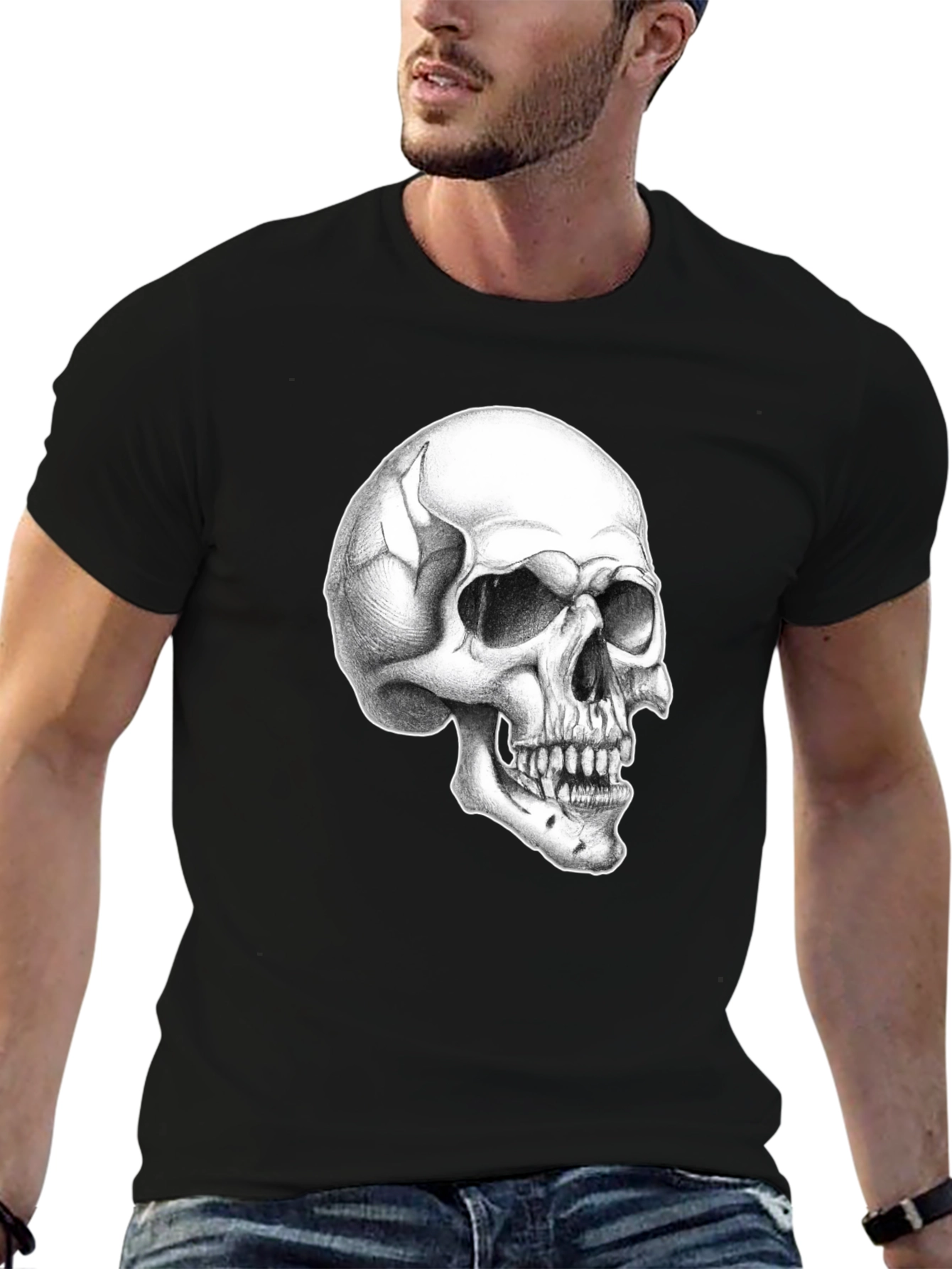 Black Skull Graphic Tee - Classic Black Cotton T-Shirt view 6
