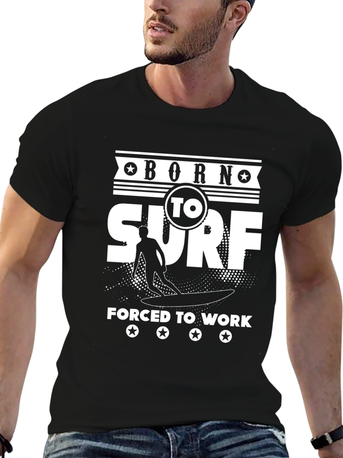 Black Born to Surf T-Shirt - Forced to Work Funny Surfer Tee view 6