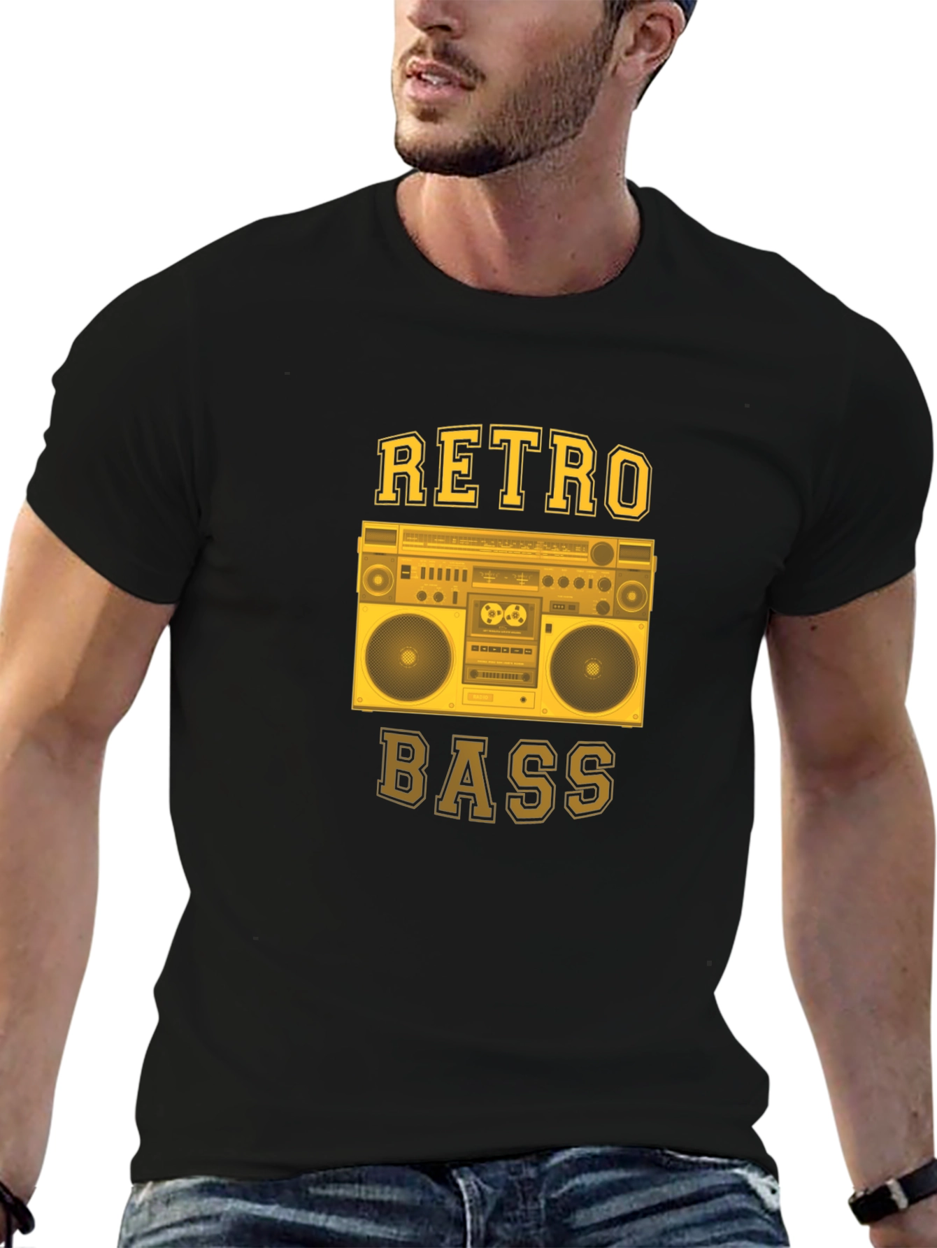 Black Retro Bass Boombox Graphic T-Shirt view 6