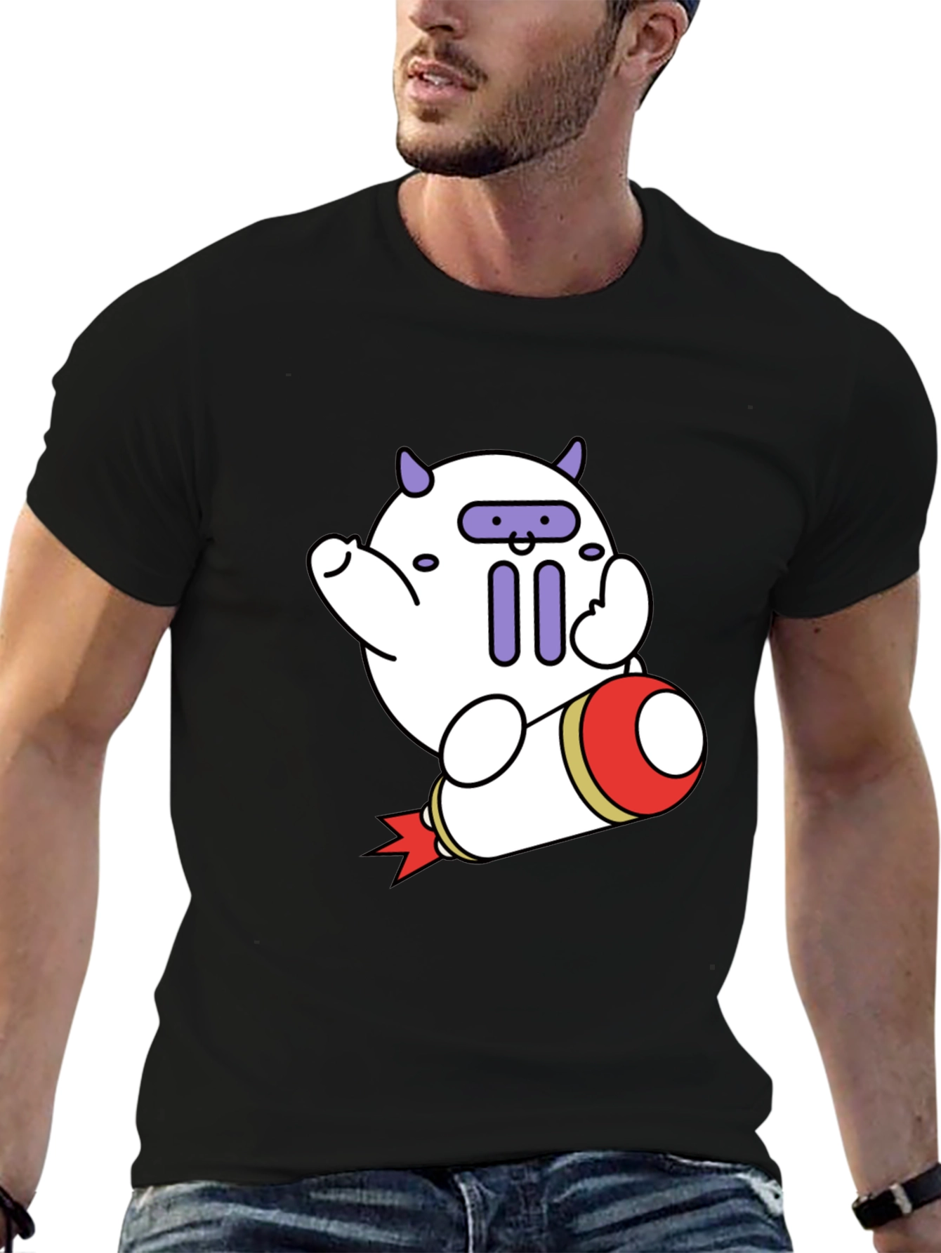 Black Cute Cartoon Rocket T-Shirt view 6
