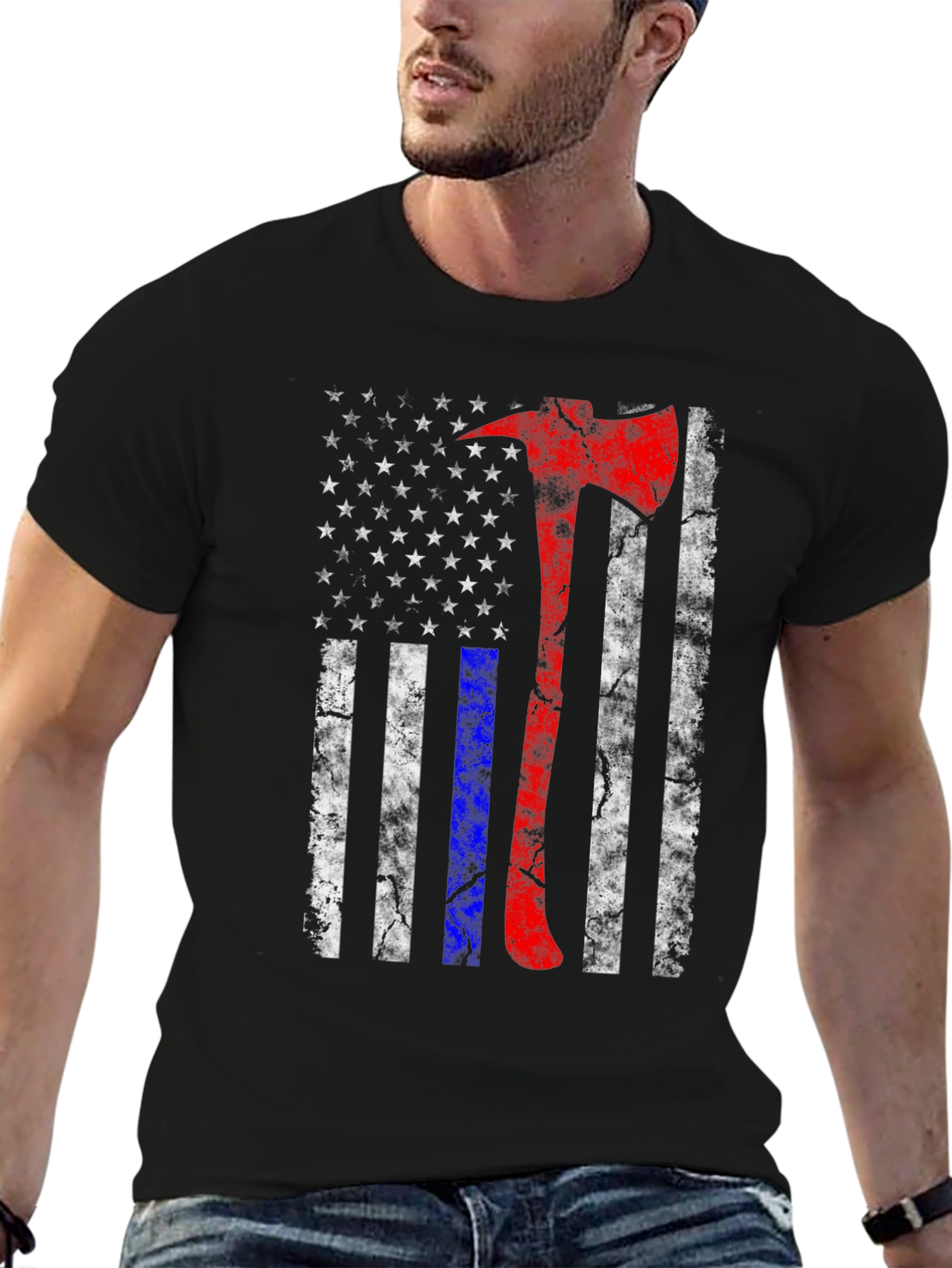 Black Firefighter Axe American Flag T-Shirt view 6