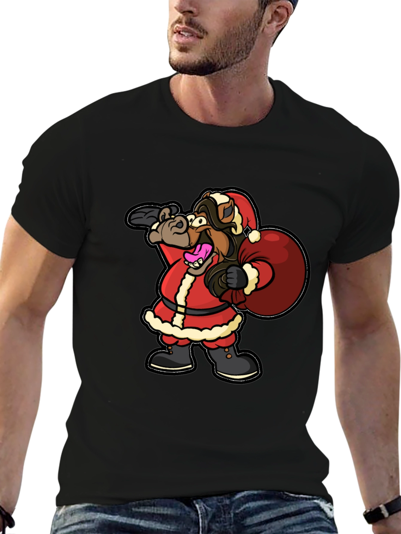 Black Funny Horse Santa Christmas Black T-Shirt view 6